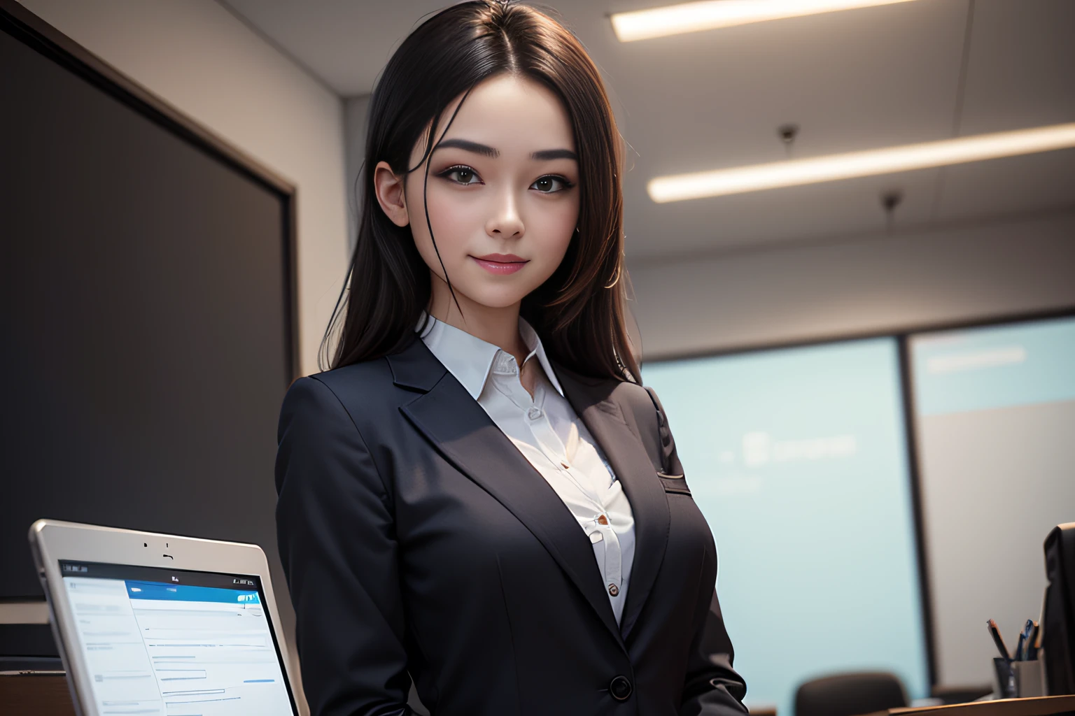 (8K、The Highest Quality)、super details、Obra、presentation、business、negotiation、business、wearing a suit、2女、1男、Beautiful Detailed、Detailed Office、Sweet smile、PHOTOREALISTIC、Super Realistic --auto