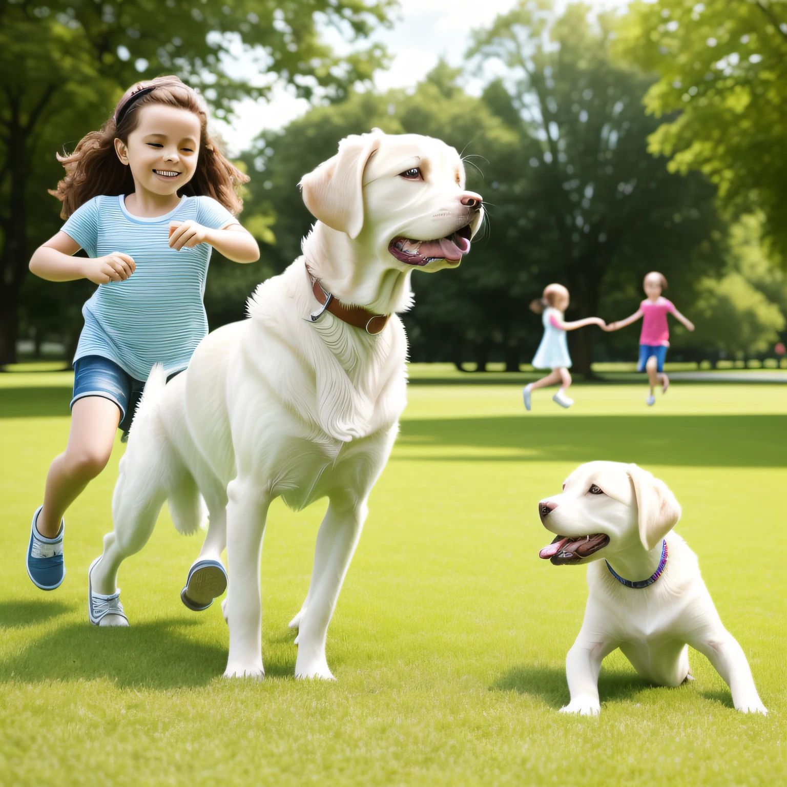 Super detailed, high resolution, very detailed, a cute white Labrador, frolicking with children on the lawn of the park, --auto