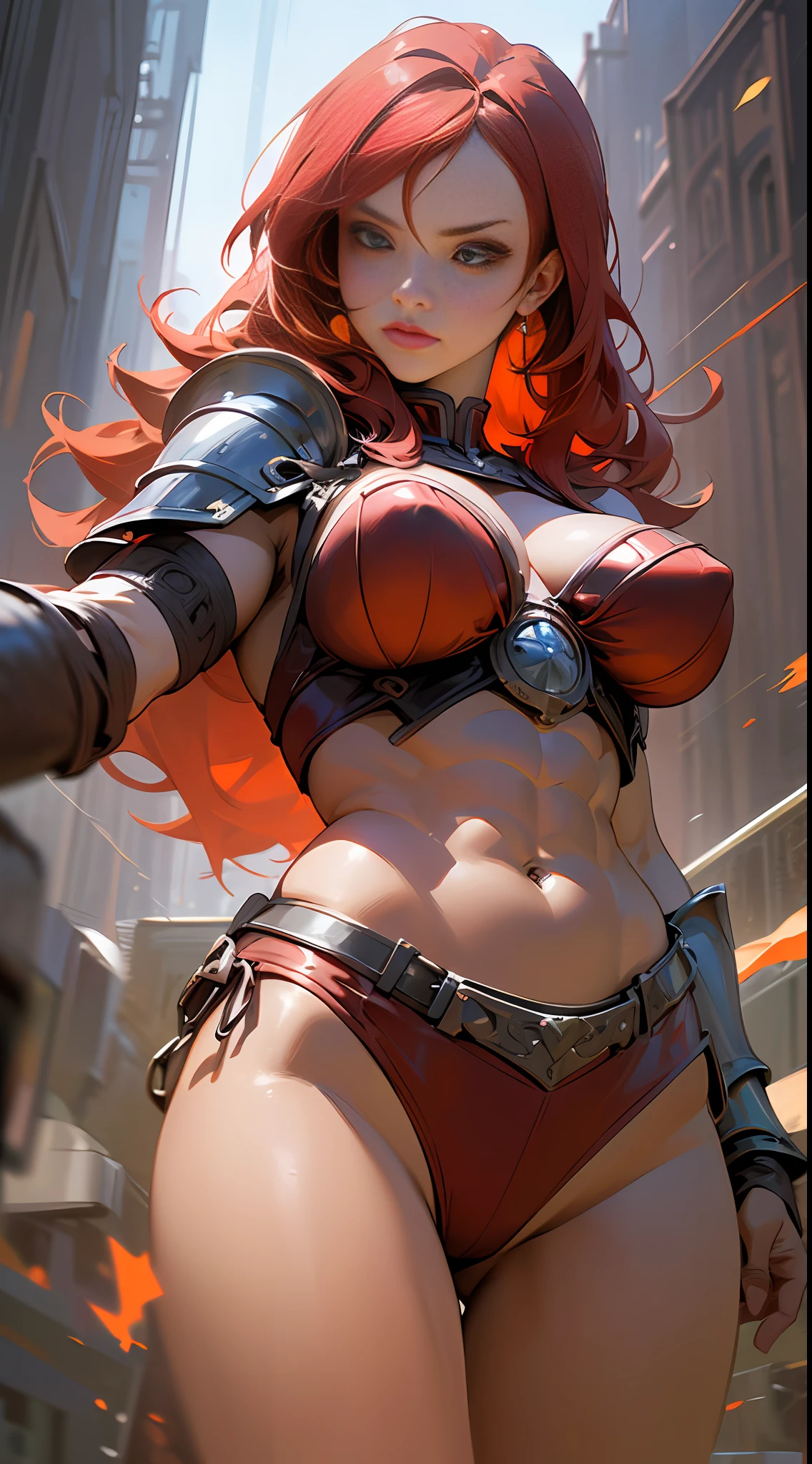 nsfw, 1 girl, perfect_caucasian_face, confident face, superhero, superhero photo of the (Red Sonja:1.4), (portrait:1.1), (from front:1.1), view from angle, (view from below:1.0), (straight-on:1.0), (looks at the viewer:1.1), (dynamic superheroine confident moving action pose:1.3), (dynamic complex scene:1.1), female focus, breast focus, atmospheric perspective, colorful, (Hyborian Age, epic_antique_city_background, intricate details in the background:1.2), (barbarian_woman, exposed midriff, abs, sword, bikini armor, bikini chainmail, shoulders armor:1.4), realistic eyes, dreamy power magical atmosphere, superheroine costume, (dark red long hair, bouffant tousled hair, side braid over shoulder:1.3), (perfect_large_breast_size:1.2), (cleavage:1.0), superheroine photo, (jewerly:1.2), comics cover-style photo of a mighty woman in a superheroine vibrant outfit, adding a touch of power to the scene, the overall style should be modern and trendy, with a focus on fashion and mighty superheroine woman, photo by Peter Lindbergh and Annie Leibovitz, photographed on a Canon EOS R, Carl Zeiss 50mm wide angle F/8 cine lens, (barbarian warrior superhero style:1.2), 8K, highres, (ultra highres, intricate details:1.2), (masterpiece:1.4), (best quality:1.4), (ultra detailed), (extremely detailed:1.2), (8k:1.2), (photorealistic:1.5), (hyperrealistic:1.4), (diffuse lighting:1.2), (film grain:1.2), --auto --s2