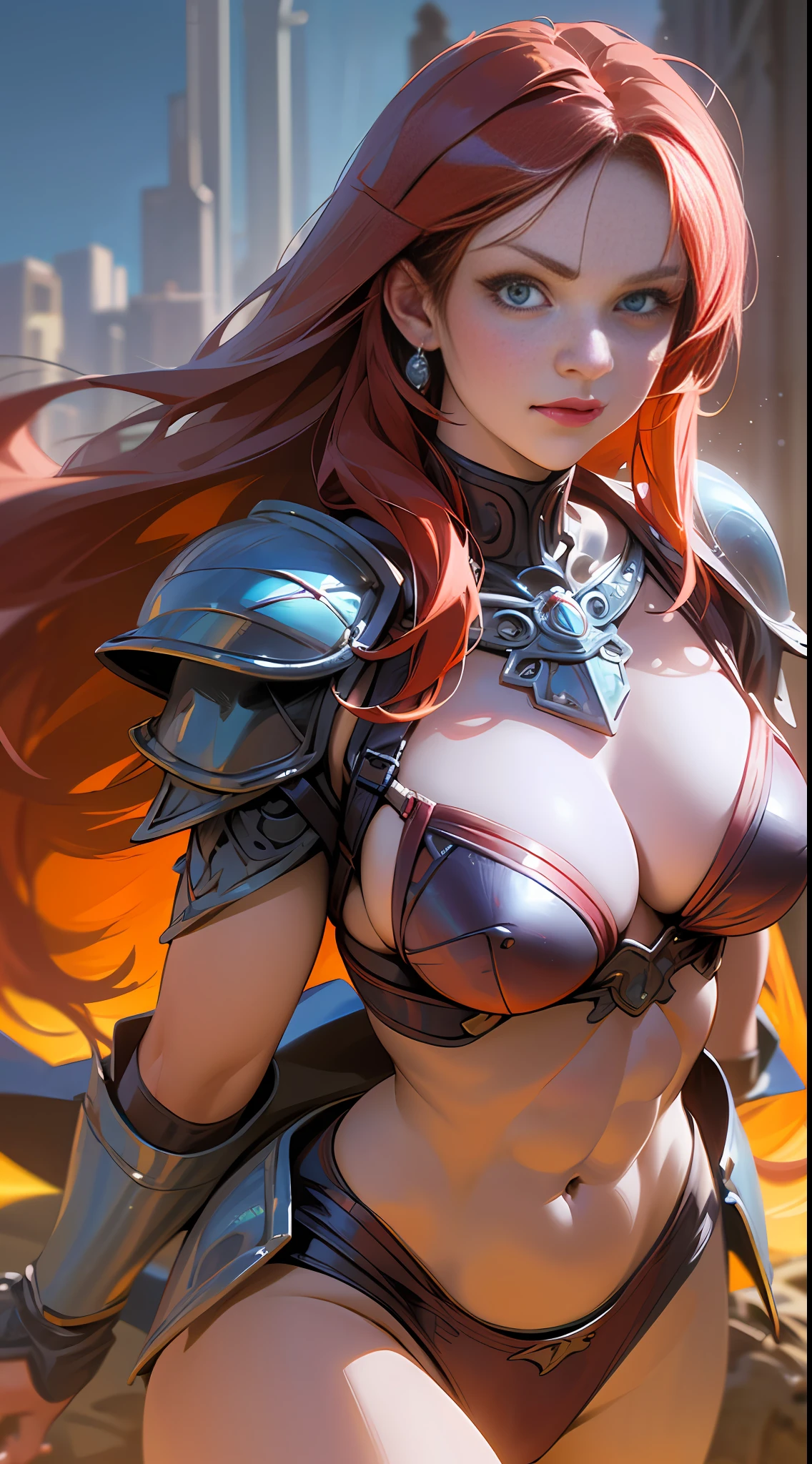 nsfw, 1 girl, perfect_caucasian_face, confident face, superhero, superhero photo of the (Red Sonja:1.4), (portrait:1.1), (from front:1.1), view from angle, (view from below:1.0), (straight-on:1.0), (looks at the viewer:1.1), (dynamic superheroine confident moving action pose:1.3), (dynamic complex scene:1.1), female focus, breast focus, atmospheric perspective, colorful, (Hyborian Age, epic_antique_city_background, intricate details in the background:1.2), (barbarian_woman, exposed midriff, abs, sword, bikini armor, bikini chainmail, shoulders armor:1.4), realistic eyes, dreamy power magical atmosphere, superheroine costume, (dark red long hair, bouffant tousled hair, side braid over shoulder:1.3), (perfect_large_breast_size:1.2), (cleavage:1.0), superheroine photo, (jewerly:1.2), comics cover-style photo of a mighty woman in a superheroine vibrant outfit, adding a touch of power to the scene, the overall style should be modern and trendy, with a focus on fashion and mighty superheroine woman, photo by Peter Lindbergh and Annie Leibovitz, photographed on a Canon EOS R, Carl Zeiss 50mm wide angle F/8 cine lens, (barbarian warrior superhero style:1.2), 8K, highres, (ultra highres, intricate details:1.2), (masterpiece:1.4), (best quality:1.4), (ultra detailed), (extremely detailed:1.2), (8k:1.2), (photorealistic:1.5), (hyperrealistic:1.4), (diffuse lighting:1.2), (film grain:1.2), --auto --s2