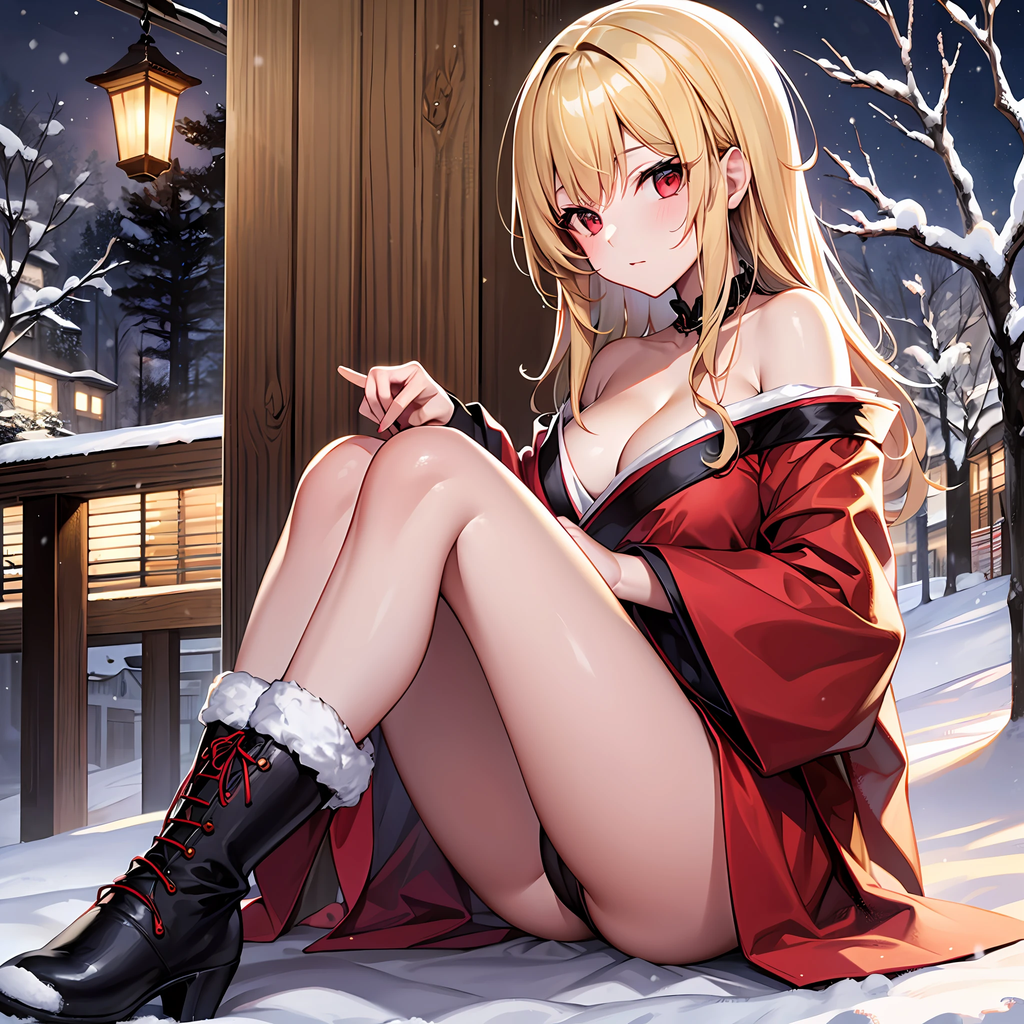 blonde girl, red eyes, kimono, off-shoulder, solo, sitting, night, snowy landscape