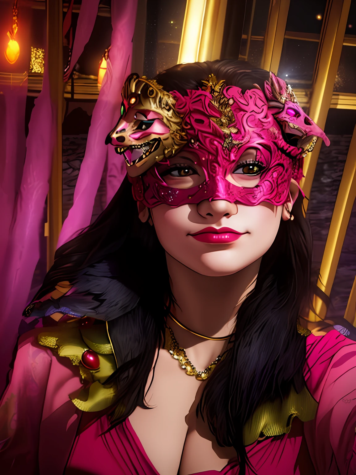 araffe woman wearing a pink mask and posing for a picture, wearing a bejeweled mask, masquerade mask, masqua, wearing a dragon mask, pink face, carnival mask, masked face, masked, by Amelia Peláez, finely masked, glowing pink face, mask, partially masked, venetian mask, by Emma Ríos, mask off