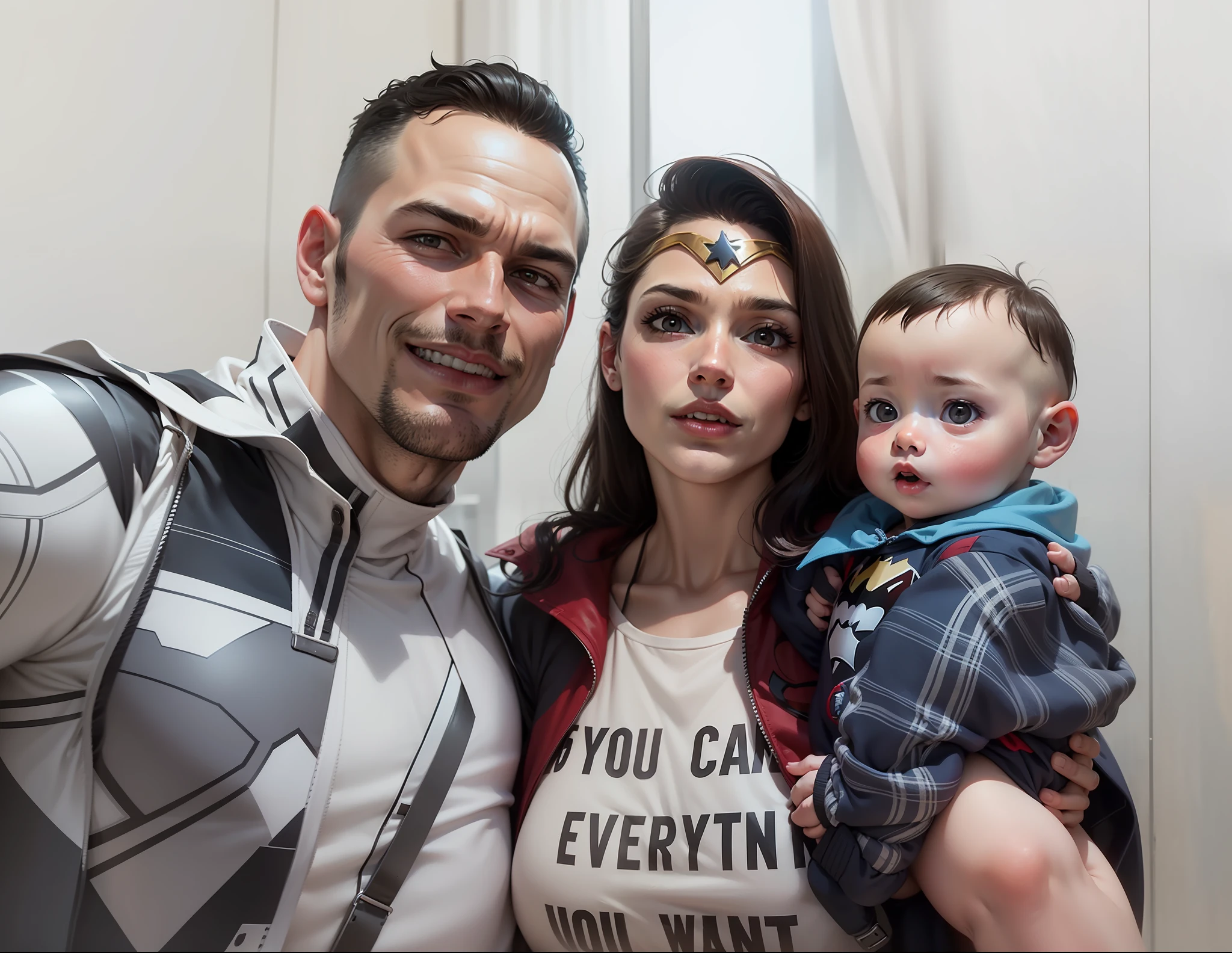 Man in superman outfit, woman in wonder woman outfit and in batman outfit