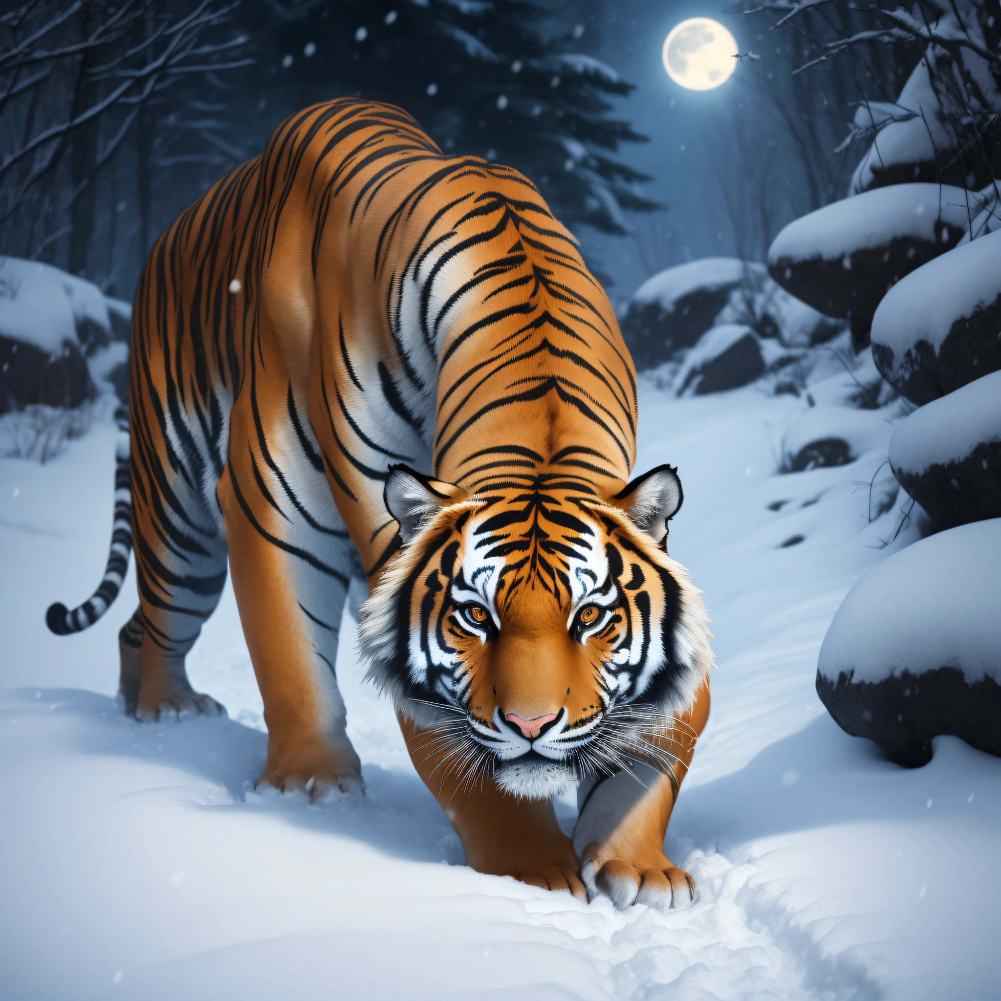 8K, cinematic, high resolution, close up, a captivating winter scene where a majestic tiger prowls under the moonlight. Create an artwork that captures the raw power and stealth of this magnificent creature in its natural habitat.

Position the tiger as the central focus of the composition, poised in a stalking stance. Depict it with tense muscles, intense focus in its eyes, and a sense of controlled strength. Convey its stealthy nature by illustrating its agile movements and the way it blends seamlessly with its surroundings.

Set the scene in a serene winter landscape, blanketed in snow. Utilize a cool color palette to evoke the chill of the season. Illuminate the scene with the soft glow of moonlight, casting ethereal rays that bathe the tiger and its surroundings in a magical light.