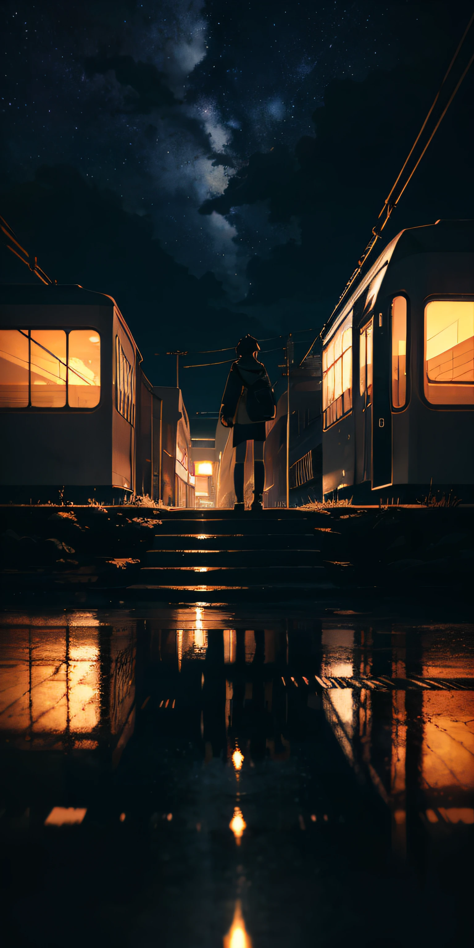High quality masterpiece, landscape, anime train passing through bodies of water on tracks, bright starry sky. Romantic train, pixiv, concept art, lofi art style, reflection. by Makoto Shinkai, lofi art, Beautiful anime scene, Anime landscape, detailed scenery —width 672, in style of Makoto shinkai, style of Makoto shinkai, enhanced details, person alone.