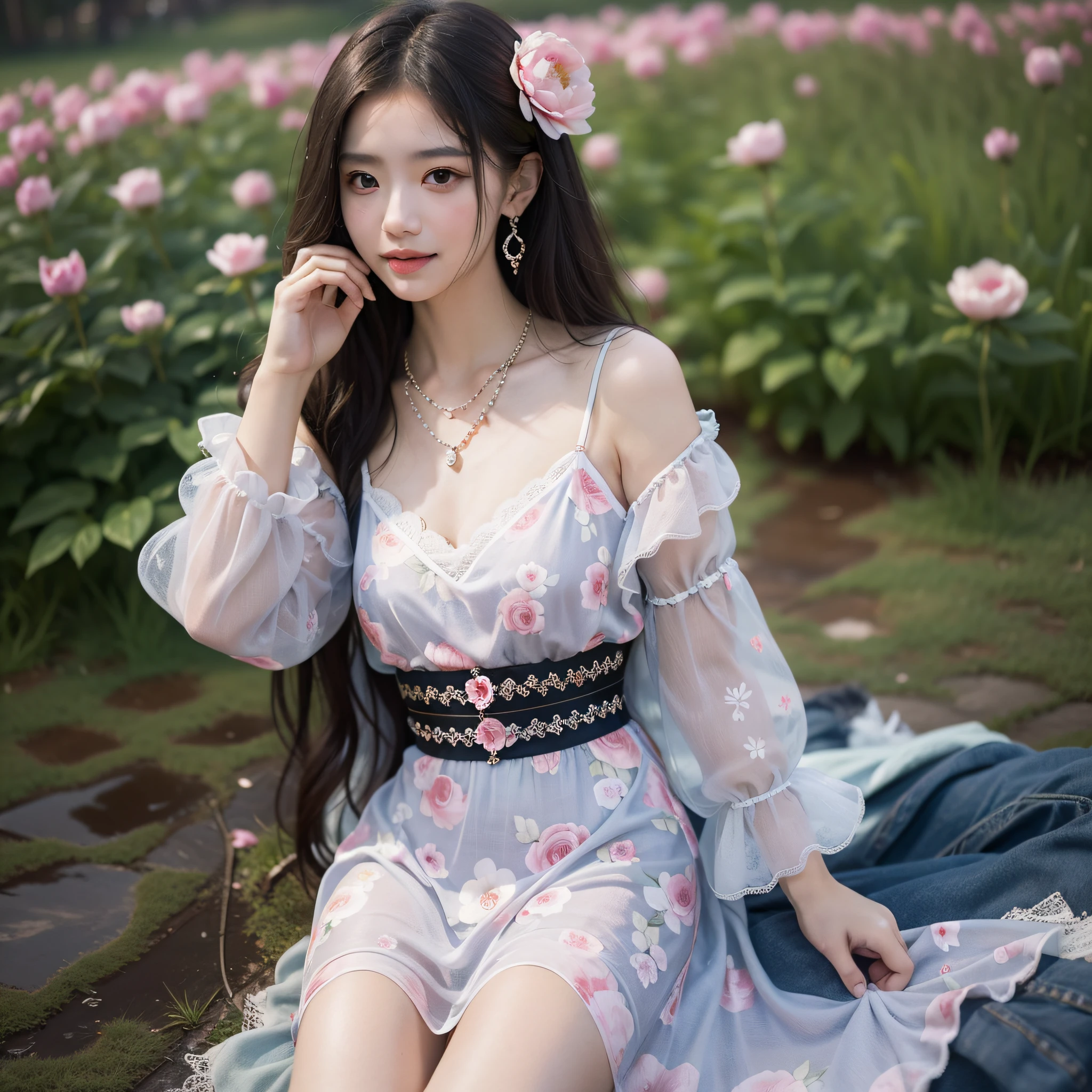 ((Best Quality, 8K, Masterpiece: 1.3)), 1girl, 1 girl, blush, (seductive smile: 0.8),, hair accessory, necklace, jia, tyndall effect, realistic, light edge, two-tone lighting, 8K ultra hd, DSLR, high quality, volumetric lighting, sneak peek, photo, high resolution, 4k, 8k, background bokeh, gorgeous clothes, earrings, 35mm, high detail hair, upper body, bust, portrait, ultra clear face, (lakeside, meadow), slender beauty, (long hairstyle casual, :1.2), Gorgeous dress: 1.1, Super fine face, Delicate eyes, Double eyelids, black and white mixed clothes, necklace, earrings, (dress, shirt,) Light and shadow, High detail light and shadow, (flower, peony, rose) (dress print) lace edge, Genshin, (Kamisato Ayaka, walnut, Ganyu)