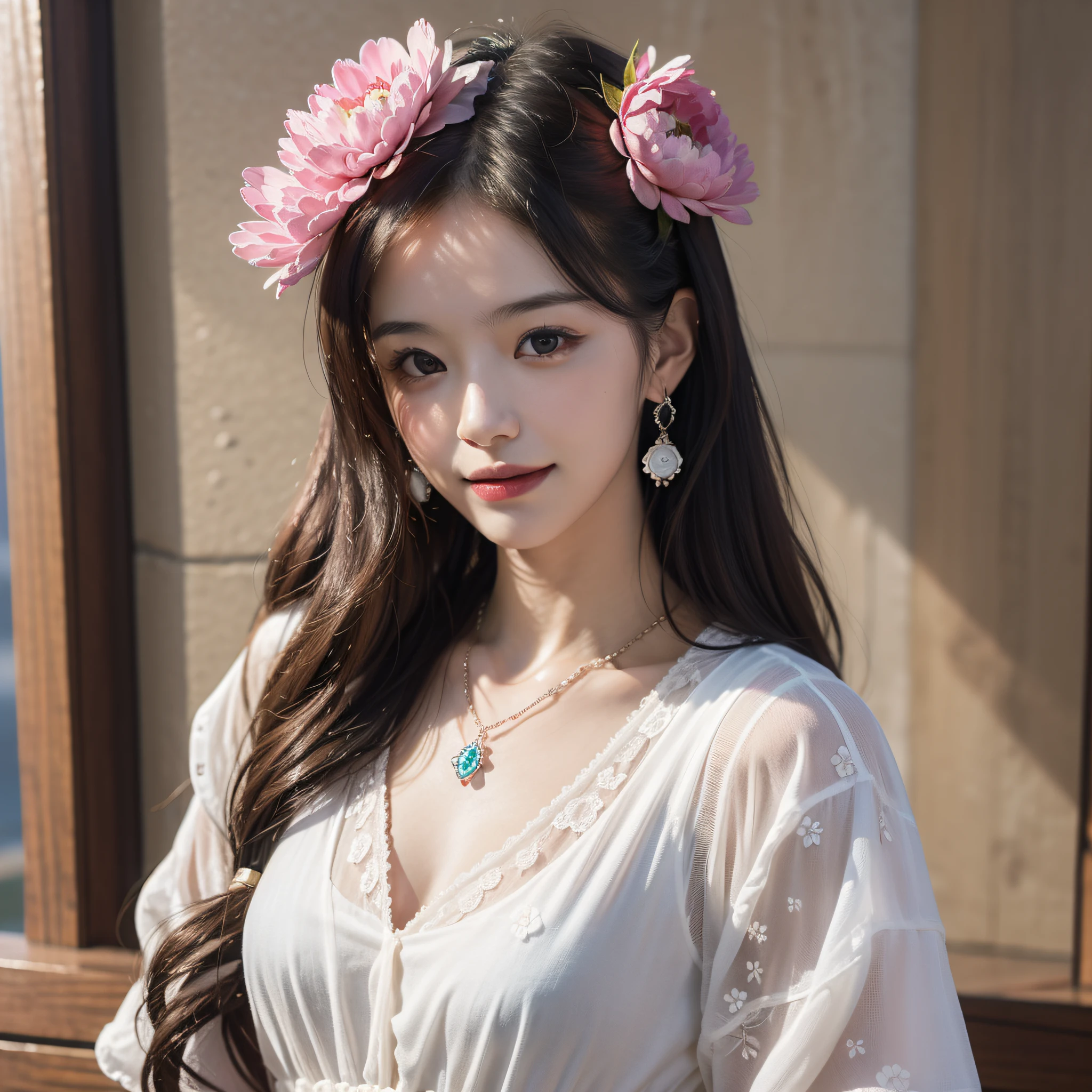 ((Best Quality, 8K, Masterpiece: 1.3)), 1girl, 1 girl, blush, (seductive smile: 0.8),, hair accessory, necklace, jia, tyndall effect, realistic, light edge, two-tone lighting, 8K ultra hd, DSLR, high quality, volumetric lighting, sneak peek, photo, high resolution, 4k, 8k, background bokeh, gorgeous clothes, earrings, 35mm, high detail hair, upper body, bust, portrait, ultra clear face, (lakeside, meadow), slender beauty, (long hairstyle casual, :1.2), Gorgeous dress: 1.1, Super fine face, Delicate eyes, Double eyelids, black and white mixed clothes, necklace, earrings, (dress, shirt,) Light and shadow, High detail light and shadow, (flower, peony, rose) (dress print) lace edge, Genshin, (Kamisato Ayaka, walnut, Ganyu)