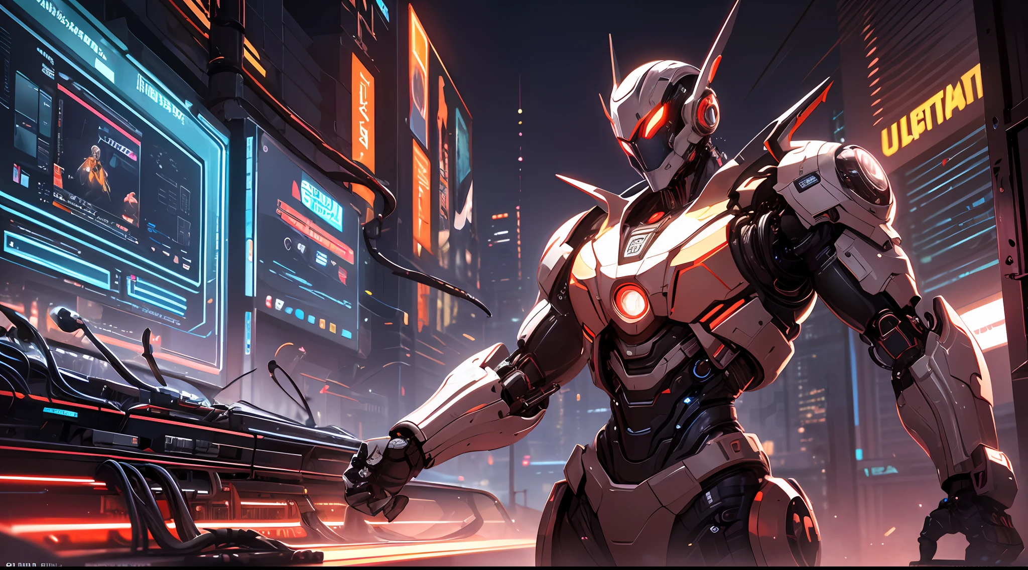 in the not too distant future, a cyborg works in the installation of internet providers in his uniform is the inscription 'ULTRAXX',[((ULTRAXX))Red:1.5] the environment is well lit and of course, remarkable technology around, men and robots working together, (man:1.2)(android:1.2), abstract background, Ultra Detailed,(fiber optics, cables, Red: 1.1), Mechanical wonder,  Robotic presence, cybernetic, (futuristic:1.5), intricate, (steel metal [shiny]), elegant, clear focus, soft lighting, vibrant colors, masterpiece
