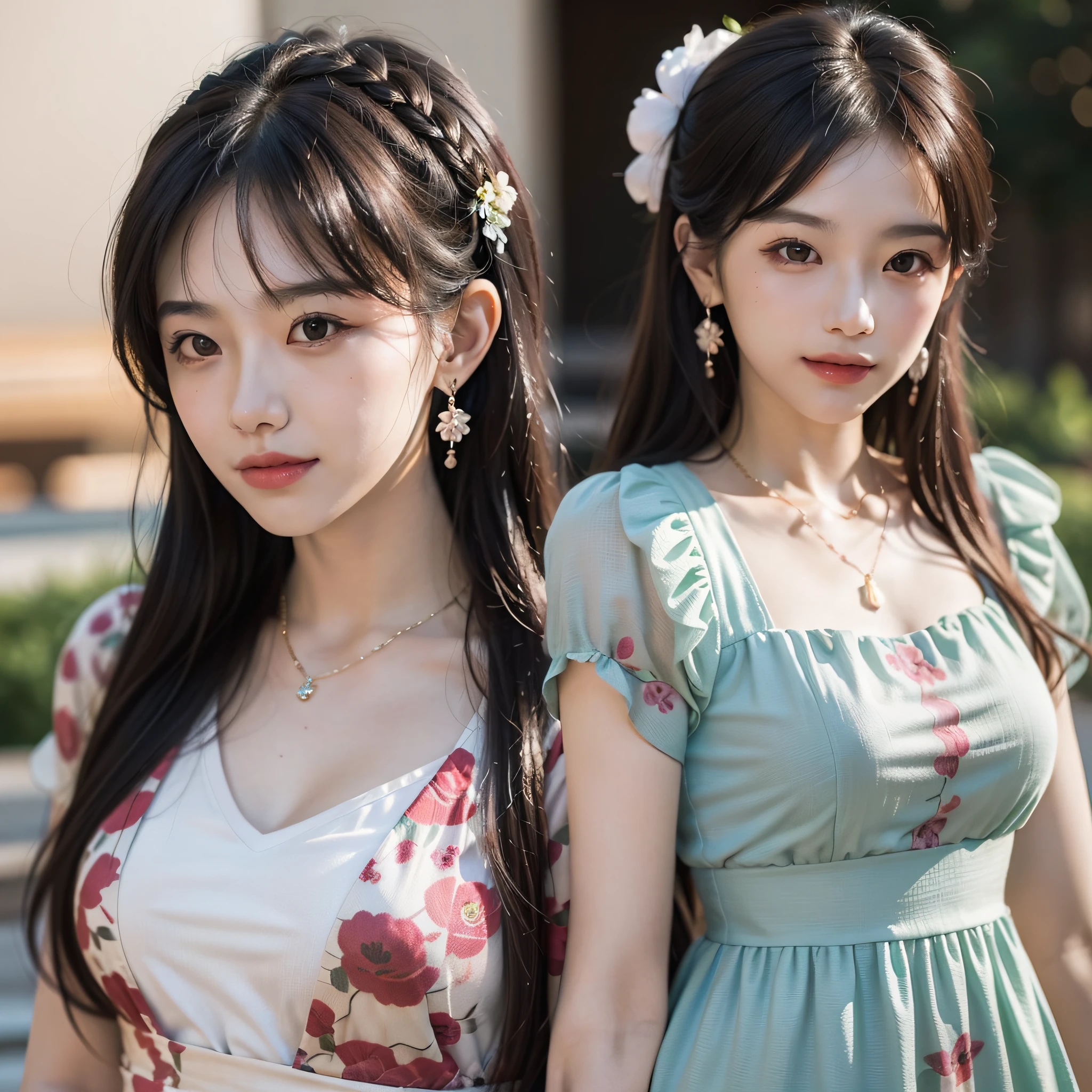 ((Best Quality, 8K, Masterpiece: 1.3)), 1girl, 1 girl, blush, (seductive smile: 0.8),, hair accessory, necklace, jia, tyndall effect, realistic, light edge, two-tone lighting, 8K ultra hd, DSLR, high quality, volumetric lighting, sneak peek, photo, high resolution, 4k, 8k, background bokeh, gorgeous clothes, earrings, 35mm, high detail hair, upper body, bust, portrait, ultra clear face, (lakeside, meadow), slender beauty, (long hairstyle casual, :1.2), Gorgeous dress: 1.1, Super fine face, Delicate eyes, Double eyelids, black and white mixed clothes, necklace, earrings, (dress, shirt,) Light and shadow, High detail light and shadow, (flower, peony, rose) (dress print) lace edge, Genshin, (Kamisato Ayaka, walnut, Ganyu)