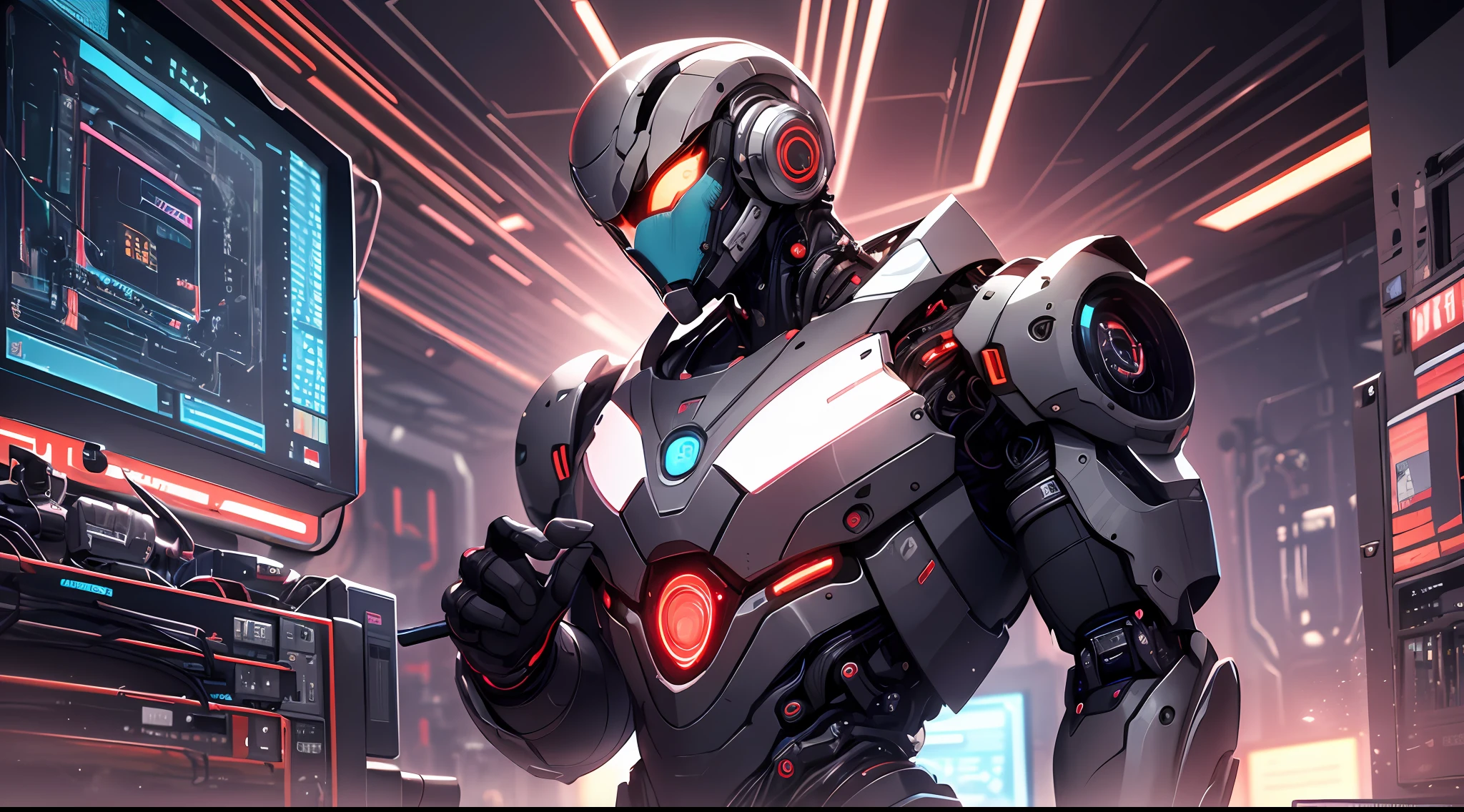 in the not too distant future, a cyborg works in the installation of internet providers in his uniform is the inscription 'ULTRAXX',[((ULTRAXX))Red:1.5] the environment is well lit and of course, remarkable technology around, men and robots working together, (man:1.2)(android:1.2), abstract background, Ultra Detailed,(fiber optics, cables, Red: 1.1), Mechanical wonder,  Robotic presence, cybernetic, (futuristic:1.5), intricate, (steel metal [shiny]), elegant, clear focus, soft lighting, vibrant colors, masterpiece