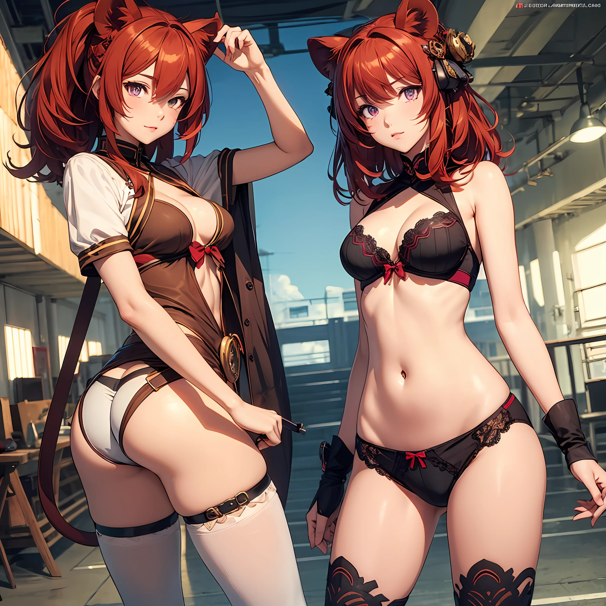 Female character with girl's face medium breasts and wide hips, red hair, lion ears, purple eyes, underwear, anime, 2d, stylized, high quality, detailed --auto