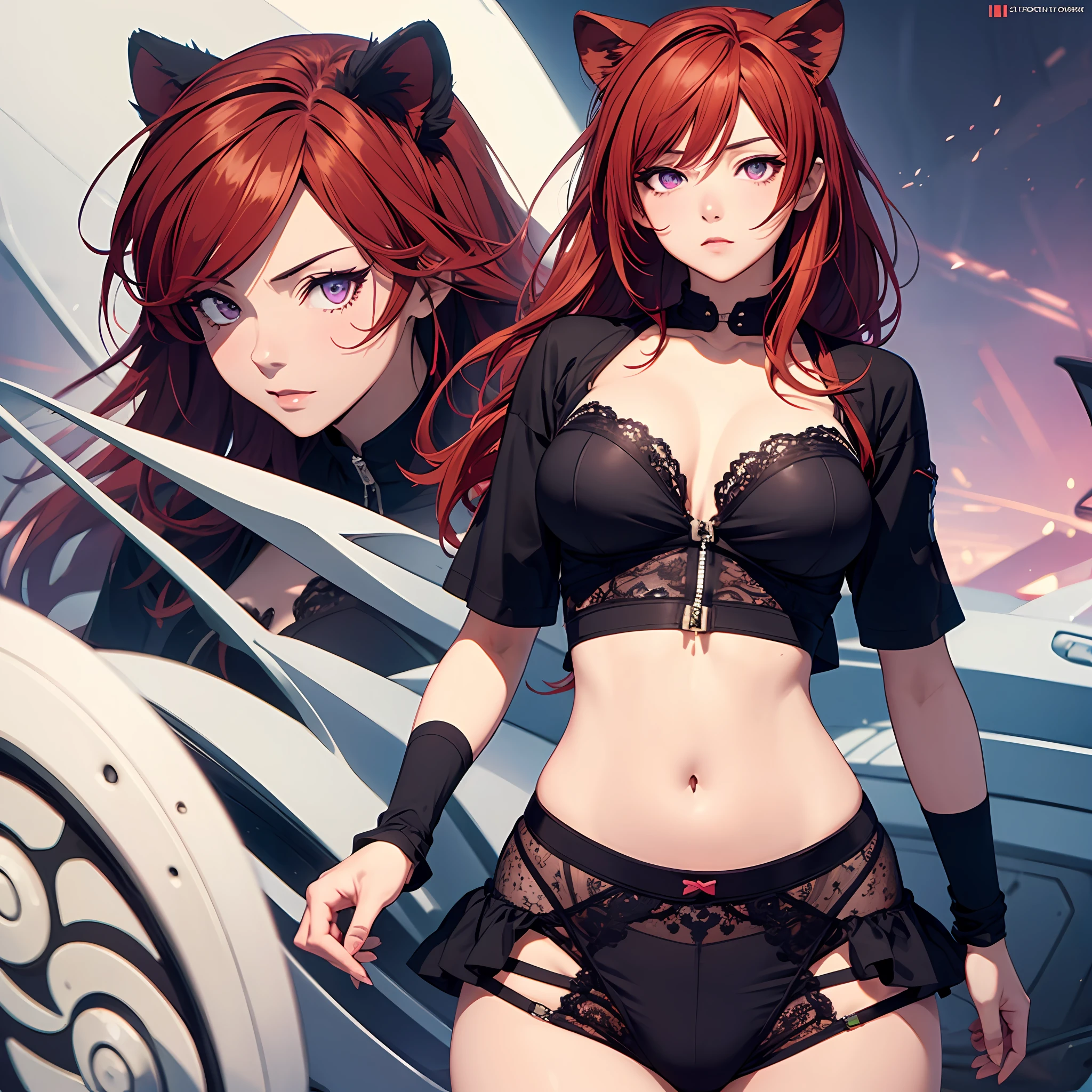 Female character with girl's face medium breasts and wide hips, red hair, lion ears, purple eyes, underwear, anime, 2d, stylized, high quality, detailed --auto