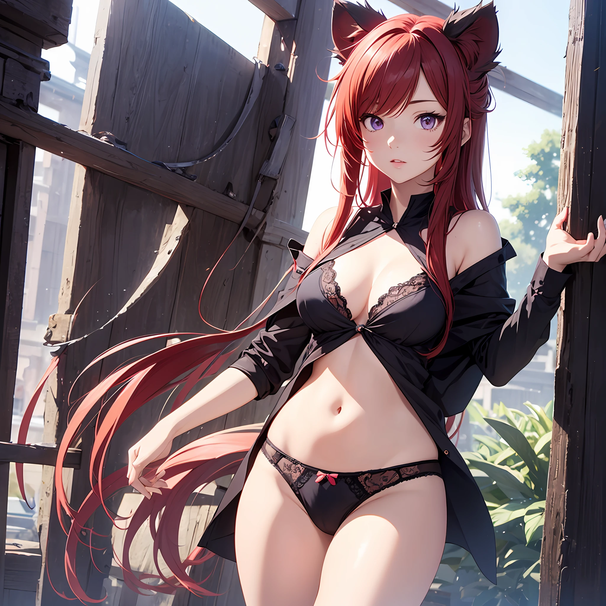 Female character with girl's face medium breasts and wide hips, red hair, lion ears, purple eyes, underwear, anime, 2d, stylized, high quality, detailed --auto