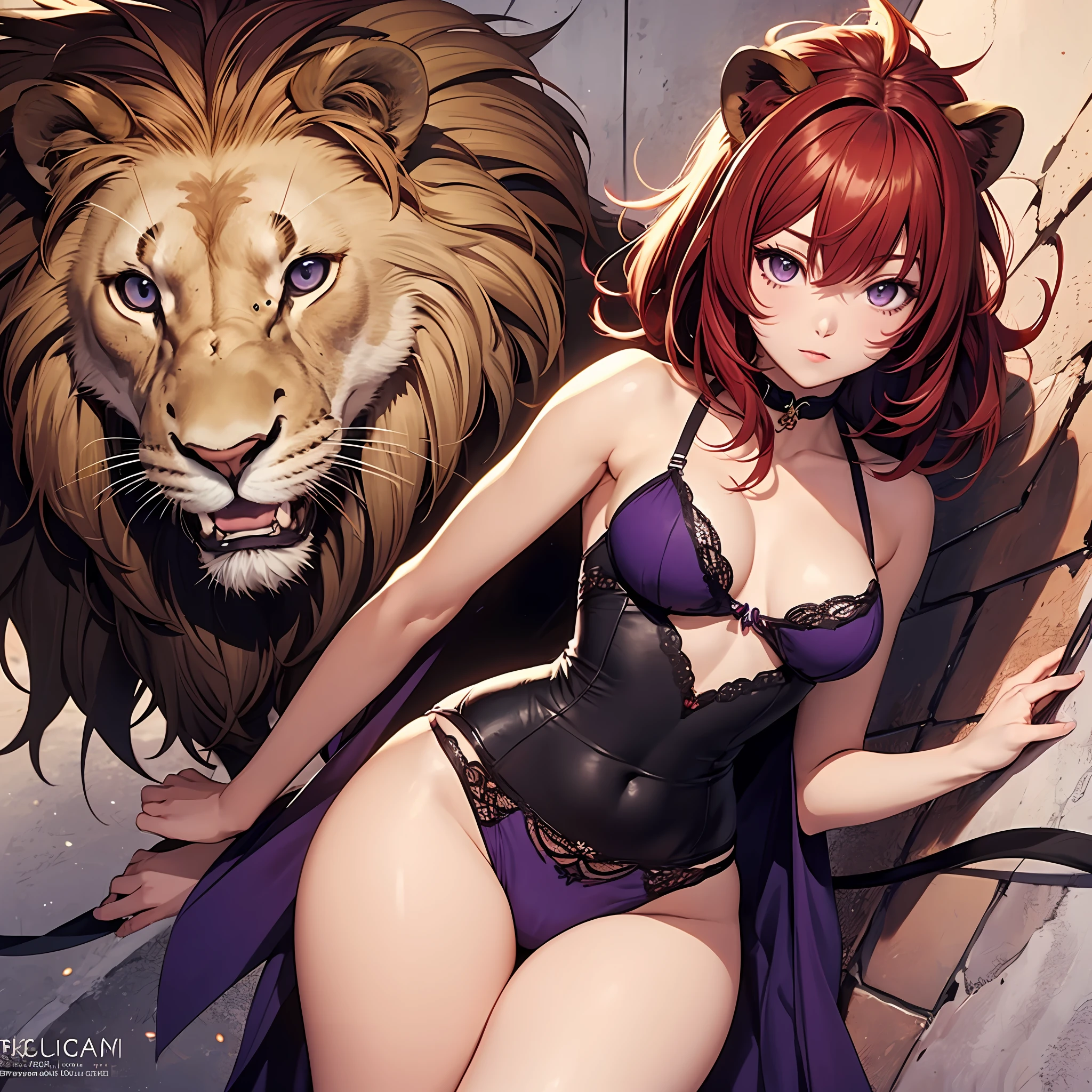 Female character with girl's face medium breasts and wide hips, red hair, lion ears, purple eyes, underwear, anime, 2d, stylized, high quality, detailed --auto