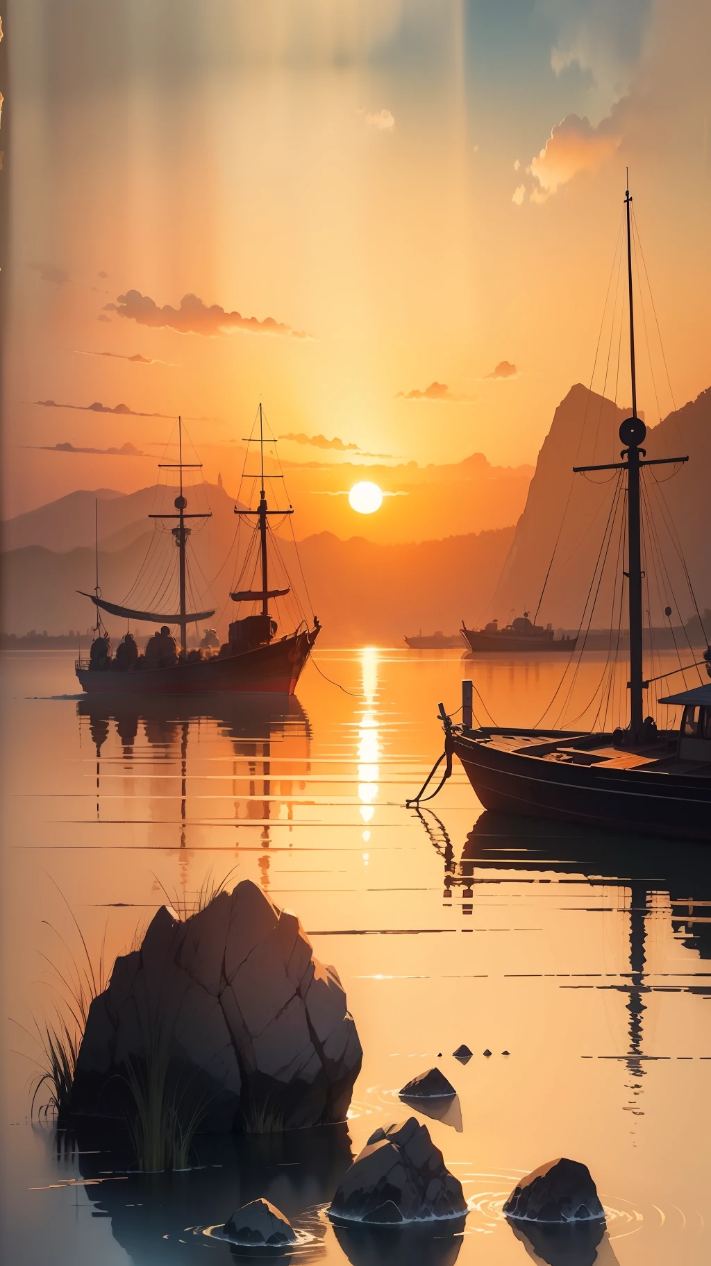 (masterpiece, highest quality, best quality: 1.4), illustration, watercolor, a sunset by the river, orange sun, small Chinese boats in the distance, river bend, wonderful colors, rocks, intense, high contrast, complex illustration