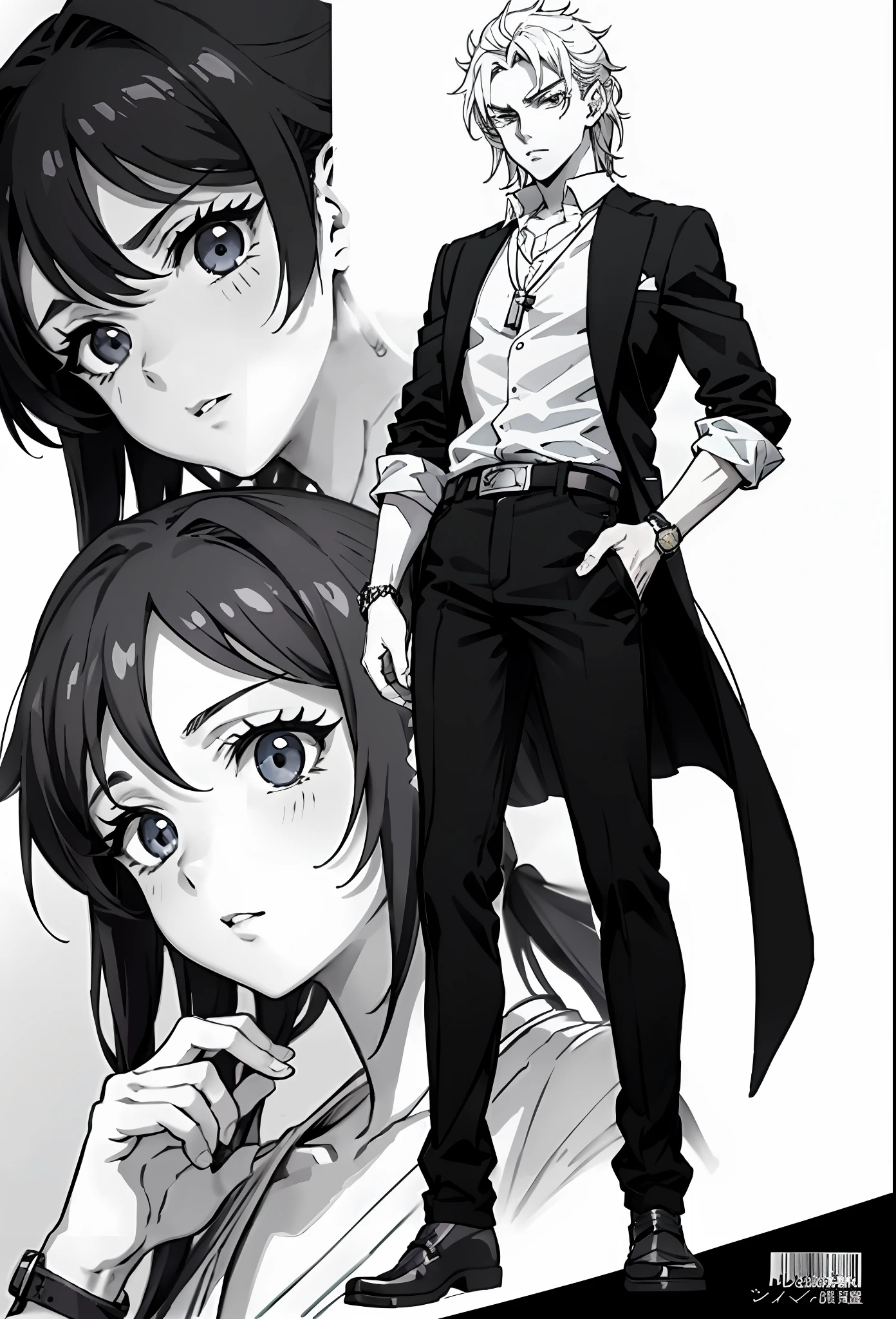 a picture of a man with a watch on his hand, manga style of kentaro miura, kentaro miura manga art style, bastien yoshitaka amano, !! takeshi amano!!, dio brando, key anime visuals, manga cover style, range murata yoshitaka amano, kentaro miura manga style, anime cover