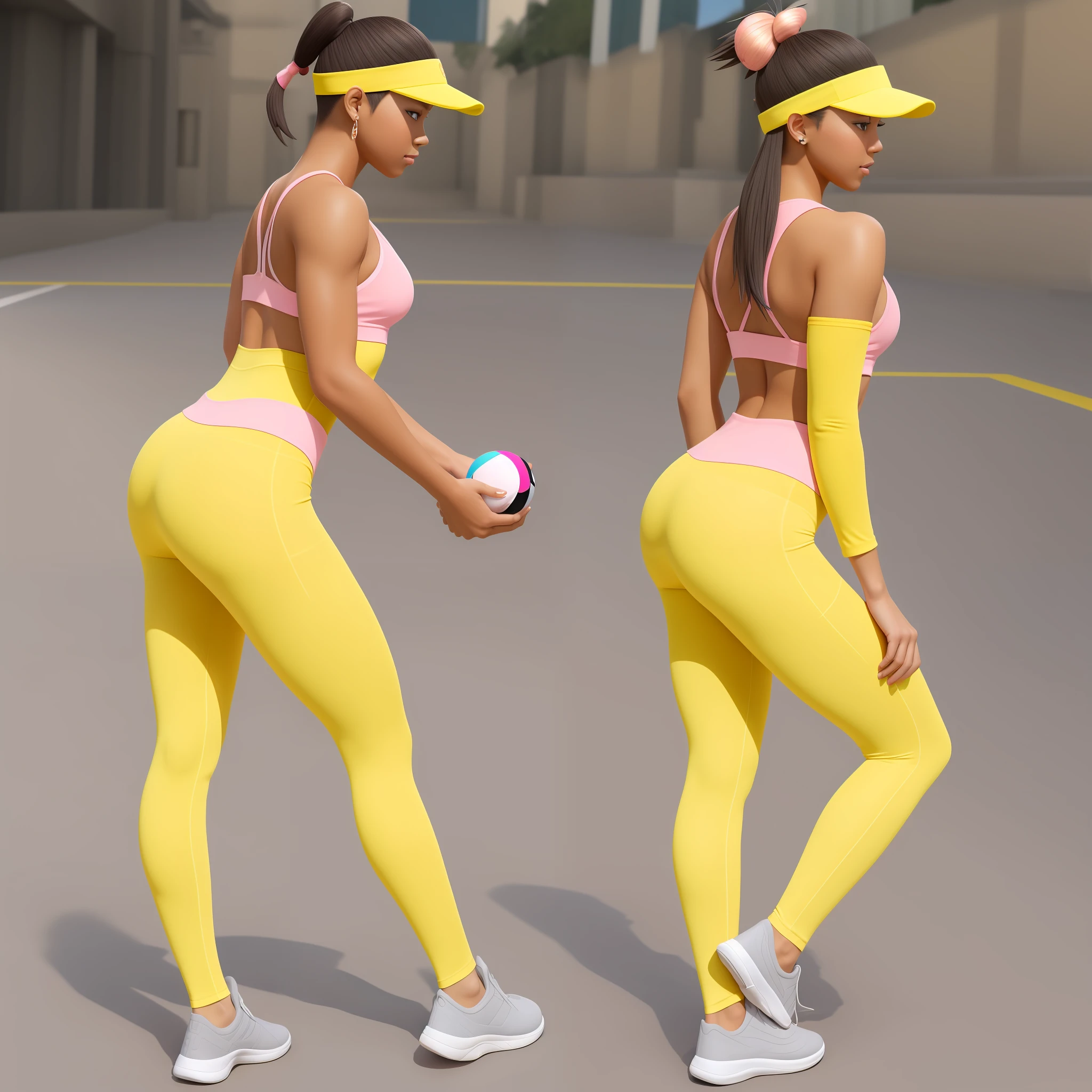 supermodel physique, perfect body, perfect light skin, ultra-realistic, hyper-realism, photorealistic, ultra quality, masterpiece, high quality, beautiful, sexy face, beautiful, lightly toned, fit, supermodel construction, 3/4 body view, sexy waist, sexy hips, perfect legs, thigh opening, facing the camera, pink (pokemon), 1girl, solo, pantyhose, double bun, hair bun, visor cap, brown hair, blush,  Yellow skirt, pantyhose, black leggings, black socks, poke ball print, yellow miniskirt, pink clothes (pokemon) --auto