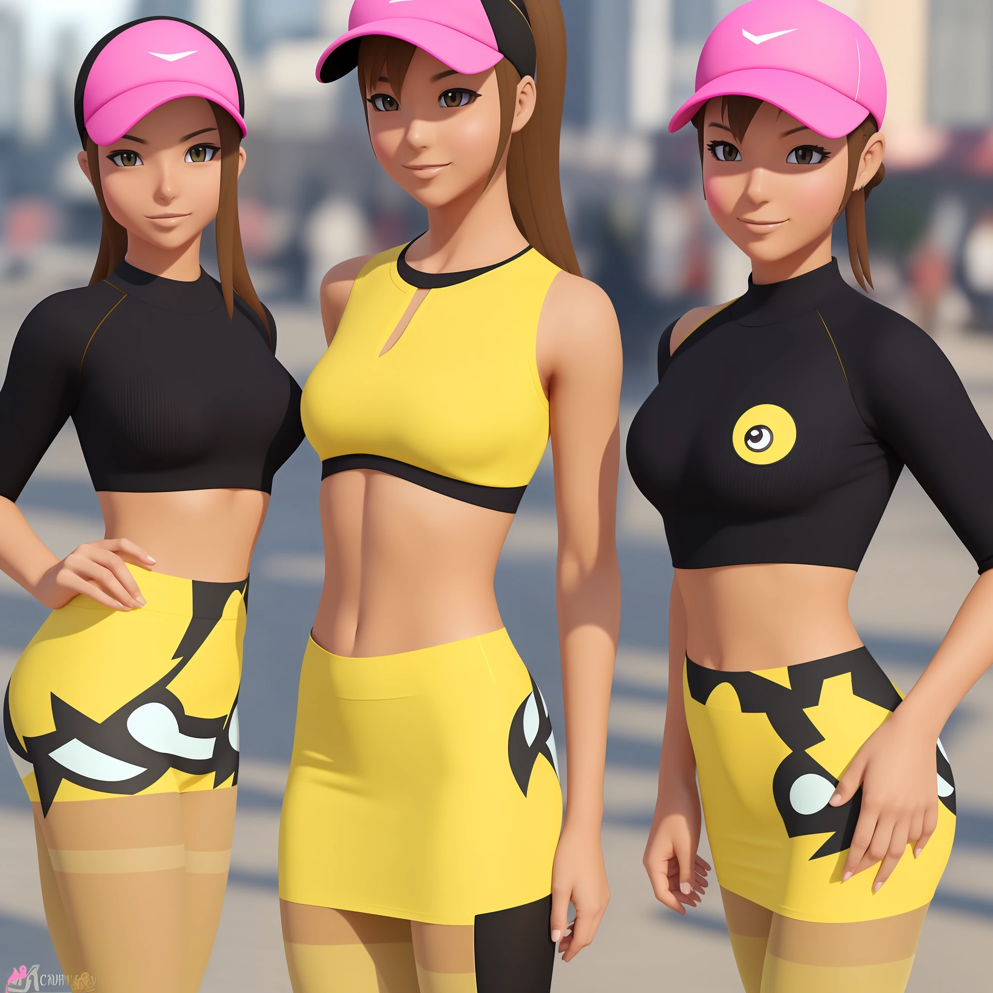 supermodel physique, perfect body, perfect light skin, ultra-realistic, hyper-realism, photorealistic, ultra quality, masterpiece, high quality, beautiful, sexy face, beautiful, lightly toned, fit, supermodel construction, 3/4 body view, sexy waist, sexy hips, perfect legs, thigh opening, facing the camera, pink (pokemon), 1girl, solo, pantyhose, double bun, hair bun, visor cap, brown hair, blush, Yellow skirt, pantyhose, black leggings, black socks, poke ball print, yellow miniskirt, pink clothes (pokemon) --auto