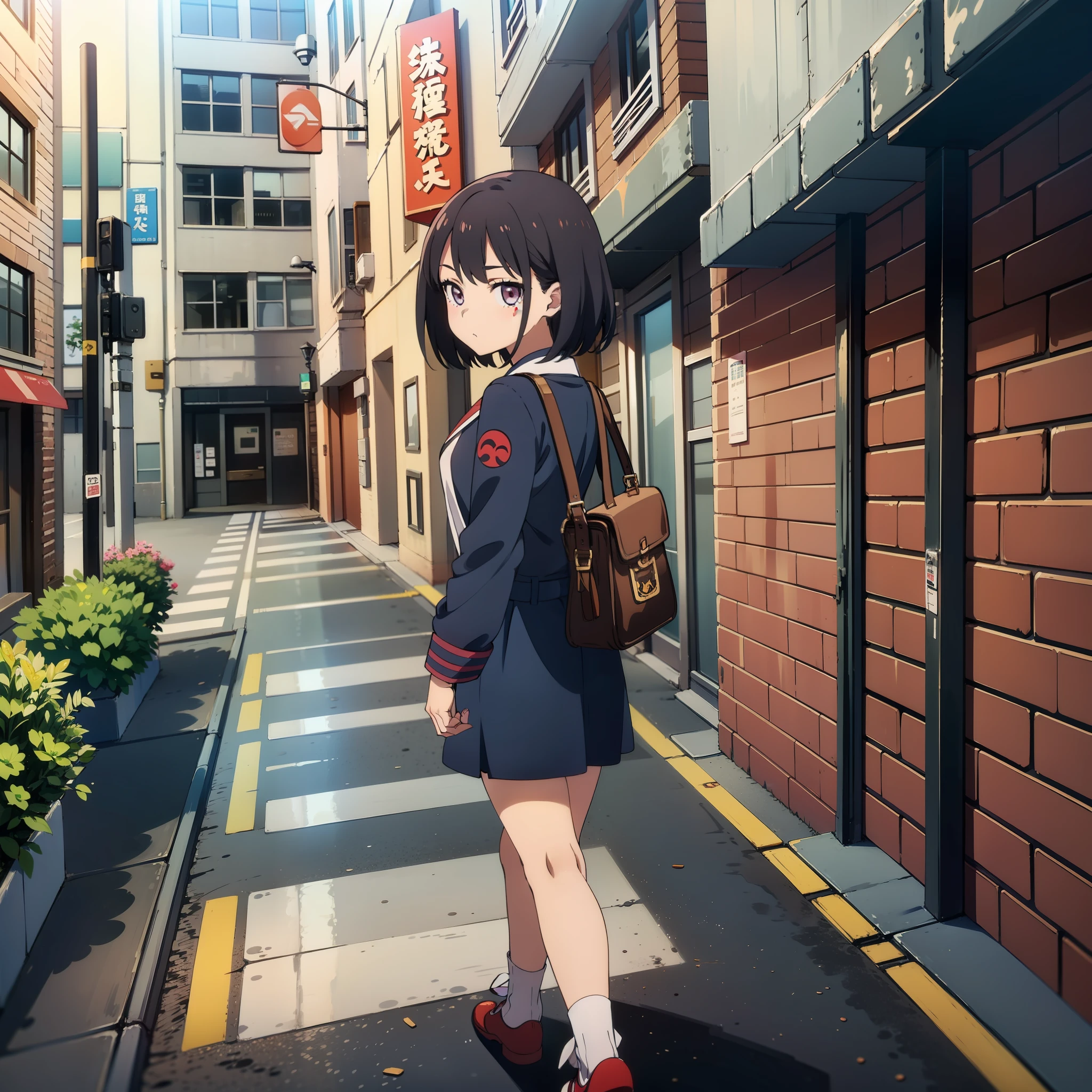 Kawaii anime girl, outdoors, in city, walking on sidewalk, close up view of girl