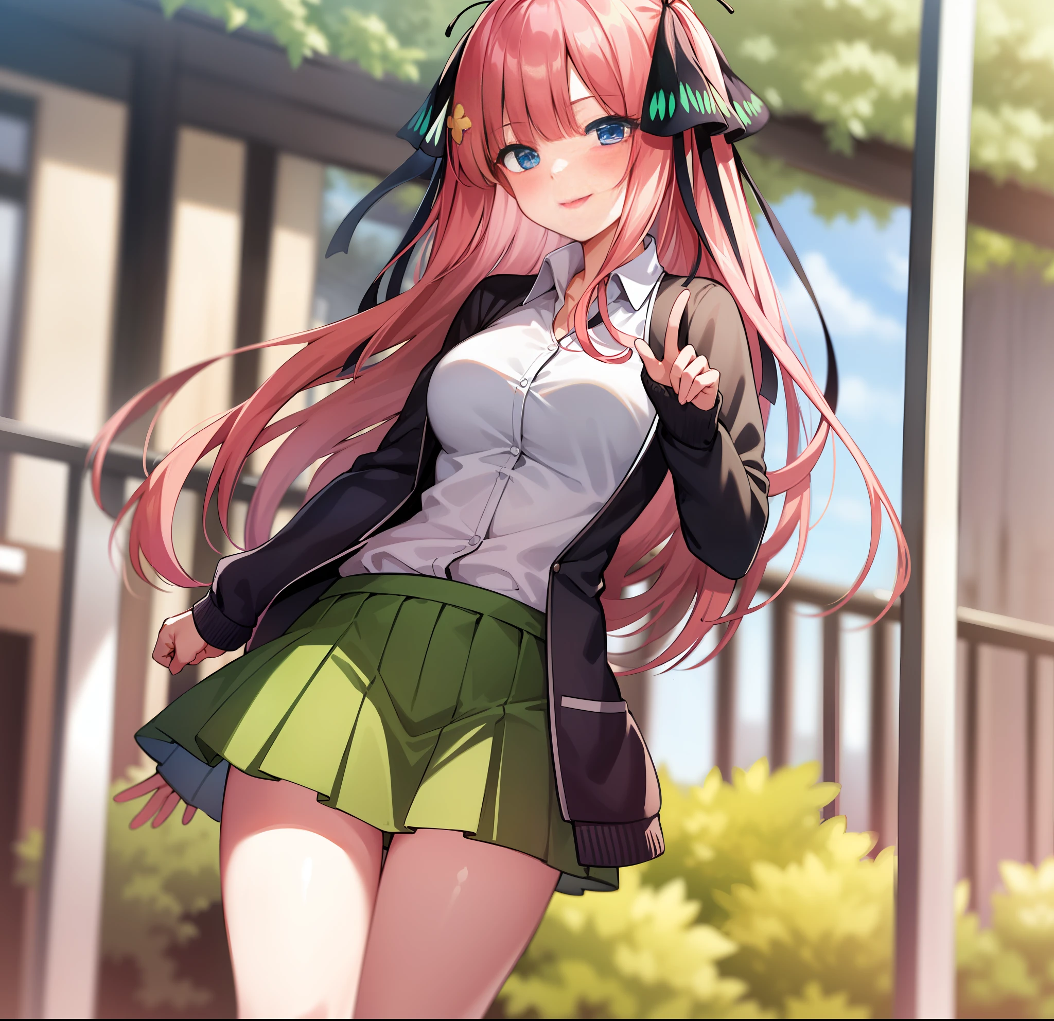 2d, masterpiece, best quality, anime, highly detailed, 1girl, solo, cowboy shot, nakano nino, pink hair, butterfly hair ornament, black cardigan, collared shirt, green skirt, miniskirt, medium breasts, standing, school, outdoors, smile