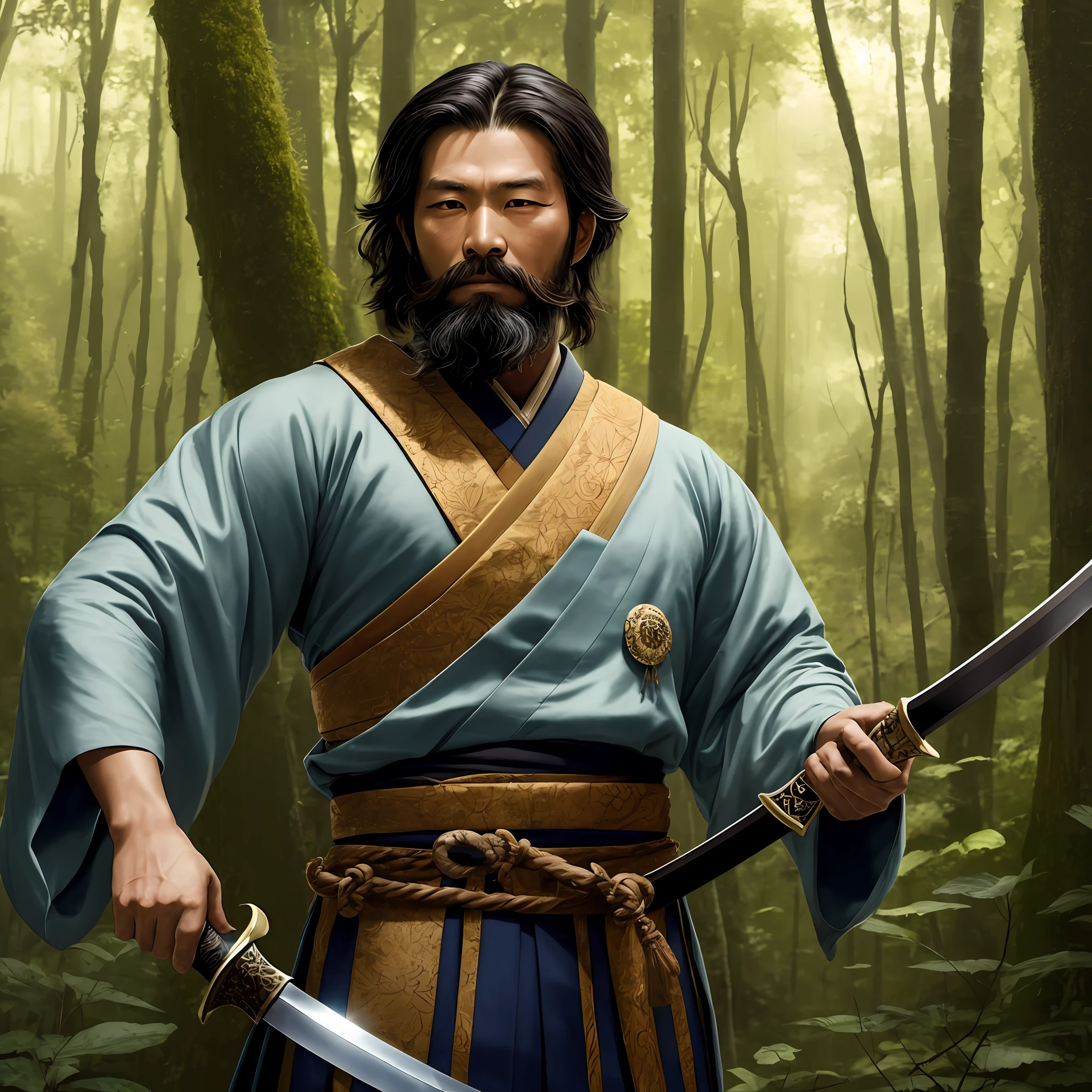 Realistic Japanese Swordsman, Forest, Man with a Beard, Great Quality --auto