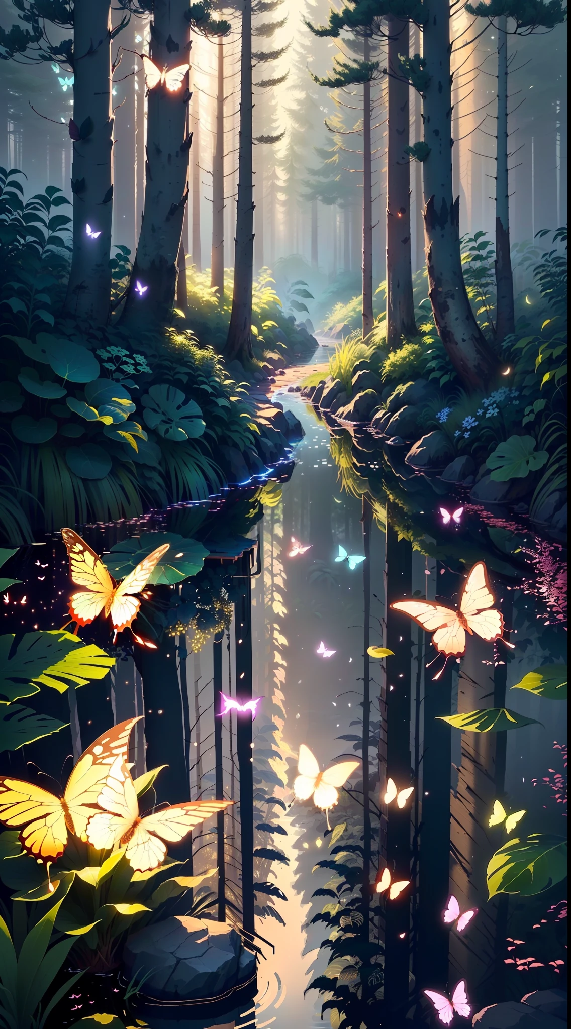 A masterpiece, the best quality, stunning reflections, the best reflections ever. (very detailed CG unity 8k wallpapers), (best quality), (best illustrations), (best shadows), forest theme with natural elements. Tall trees, quiet streams, small glowing mushrooms surrounded by delicate leaves and branches, with fireflies and glowing particle effects,, (natural elements), (jungle theme), (leaves), (twigs), (fireflies), butterflies, (delicate leaves), (glow), (particle effects). , Isometric 3D, Octane Rendering, Ray Traced, Super Detailed