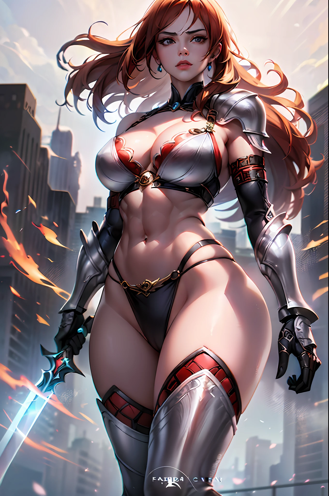 nsfw, 1 girl, perfect_caucasian_face, confident face, superhero, superhero photo of the (Red Sonja:1.4), (portrait:1.1), (from front:1.1), view from angle, (view from below:1.0), (straight-on:1.0), (looks at the viewer:1.1), (dynamic superheroine confident moving action pose:1.3), (dynamic complex scene:1.1), female focus, breast focus, atmospheric perspective, colorful, (Hyborian Age, epic_antique_city_background, intricate details in the background:1.2), (barbarian_woman, exposed midriff, abs, sword, bikini armor, bikini chainmail, shoulders armor:1.4), realistic eyes, dreamy power magical atmosphere, superheroine costume, (dark red long hair, bouffant tousled hair, side braid over shoulder:1.3), (perfect_large_breast_size:1.2), (cleavage:1.0), superheroine photo, (jewerly:1.2), comics cover-style photo of a mighty woman in a superheroine vibrant outfit, adding a touch of power to the scene, the overall style should be modern and trendy, with a focus on fashion and mighty superheroine woman, photo by Peter Lindbergh and Annie Leibovitz, photographed on a Canon EOS R, Carl Zeiss 50mm wide angle F/8 cine lens, (barbarian warrior superhero style:1.2), 8K, highres, (ultra highres, intricate details:1.2), (masterpiece:1.4), (best quality:1.4), (ultra detailed), (extremely detailed:1.2), (8k:1.2), (photorealistic:1.5), (hyperrealistic:1.4), (diffuse lighting:1.2), (film grain:1.2), --auto --s2