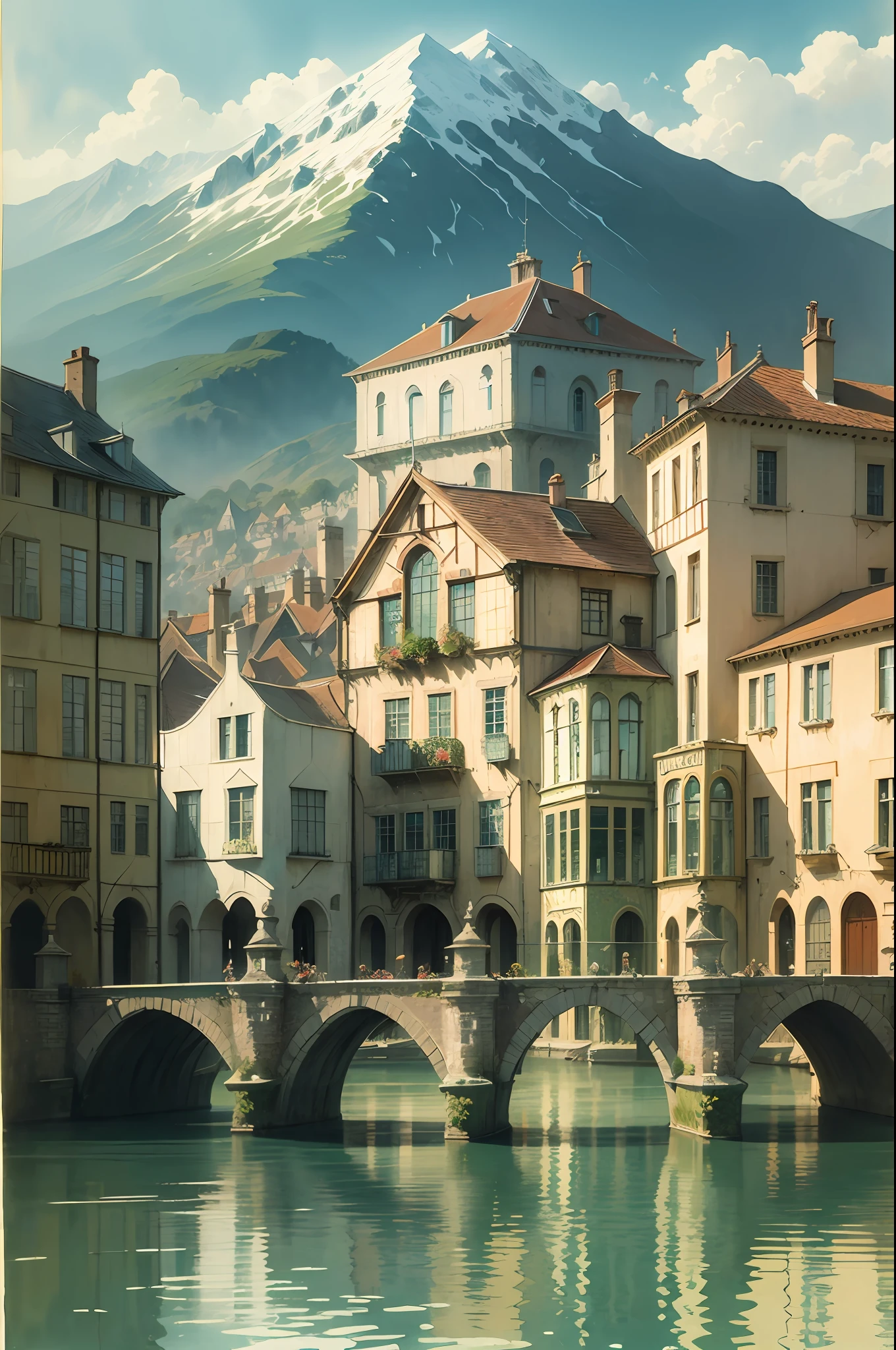 watercolor sketch illustration by alan lee of quaint town built over lake, buildings surrounded by water, criss-crossing canals, bridges, causeways, one larger mountain in background detailed cinematic shot, visually stunning scene, vfx by alan lee