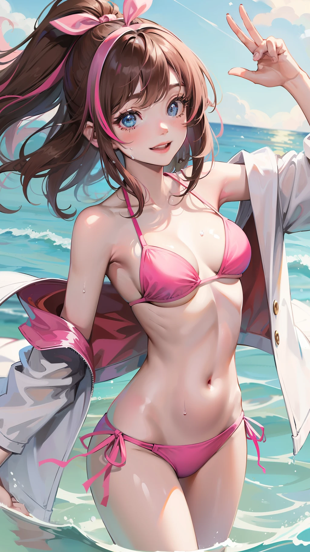 masterpiece, best quality, highres, 1girl, kizuna ai, long hair, brown hair, hair highlights, pink bikini, floating hair, pink hairband, navel, streaked hair, pink hair highlights, blue eyes, medium breasts, swept bangs, smiling,water, sweaty armpits, pink highlights, brown hair, pink bikini, waves