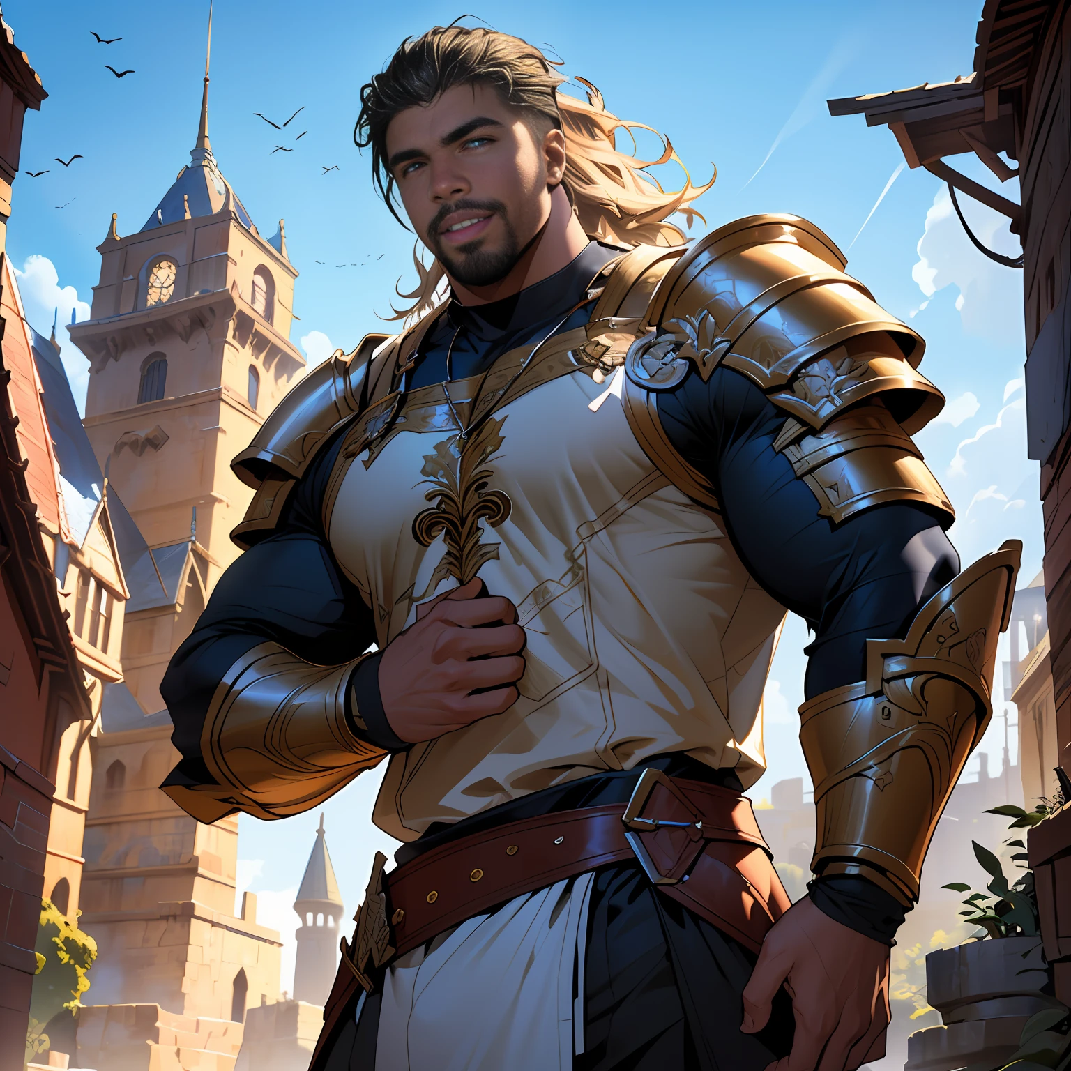 closeup of 1man, black male hunky(Michael B Jordan)with short beard, black body, (good hands:1.5), (5 fingers: 1.5), (good ???????:1.5), fantasy, (paladin), using a sword, heroic pose, black hair, (heavy armour:1.0), face with a ???? shy smile, looking at the viewer, hdr, (nobles clothes), photographic, masterpiece, fantasy art, character modeling, golden  eyes, detailed eyes, (detailed hands), character design, dungeons and dragons, character modeling, colorful, photographic, nvidia ray tracing, hdr, 8k, curse of sthard, beautiful face, beautiful sky, (detailed fantasy background), (ink and watercolor: 1.2), (illustration), classic art: 0.4, detailed, intricate, (fantasy art), muted color: 0.2, best quality, good ???????, good composition, good proportions, good design, dynamic pose, good pose, realistic sky, realistic backgrounds, perfect lighting, perfect shading, (cinematic), dark fantasy illustration, (high resolution: 1.2), beautiful, stunning, gorgeous, (highest quality, masterpiece:1.3), hunky