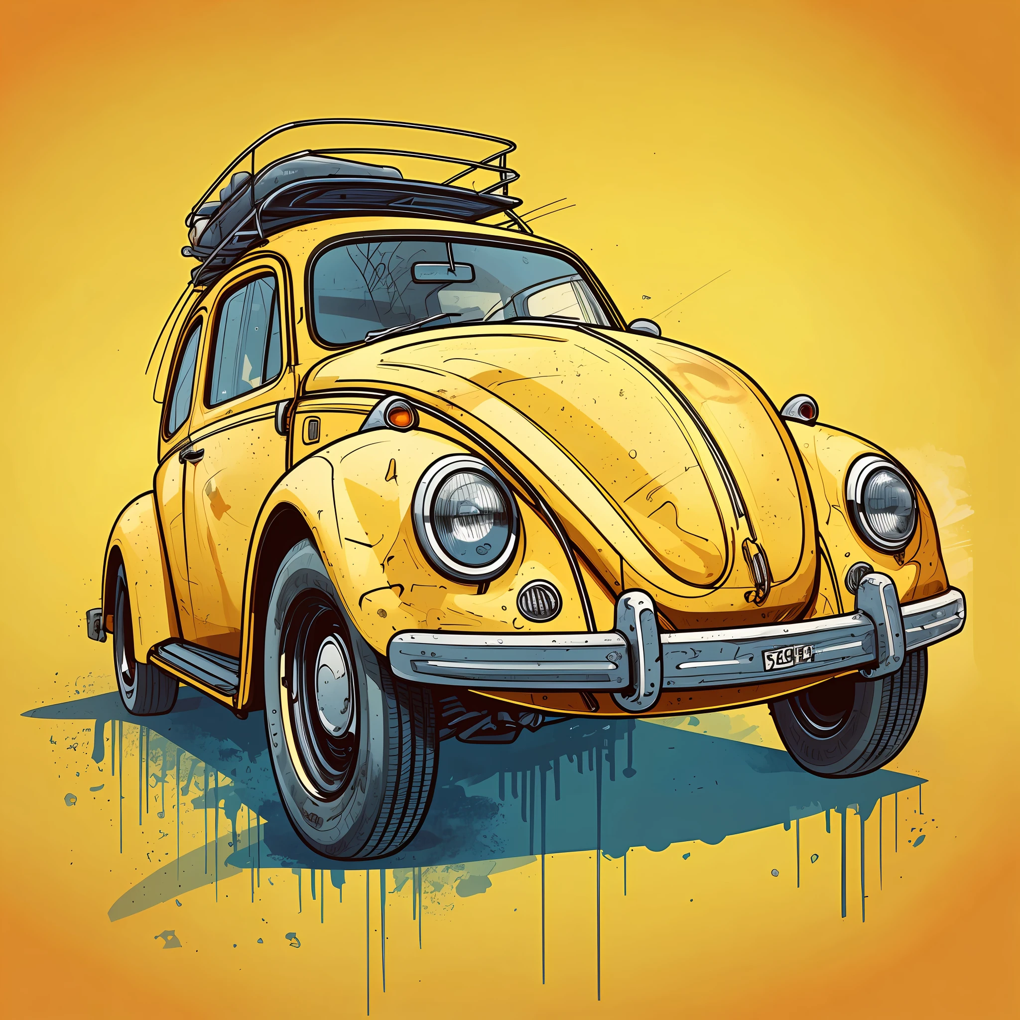 Blue Volkswagen beetle with surfboard on top, highly detailed illustration.", vehicle illustration, beetle, cartoon style illustration, cartoon style, HD illustration, ultra detailed illustration, vector illustration, highly detailed hyper real, highly detailed illustration, high detail illustration, retro illustration, highly detailed cartoon, artistic illustration, highly detailed vector art, a beautiful art illustration