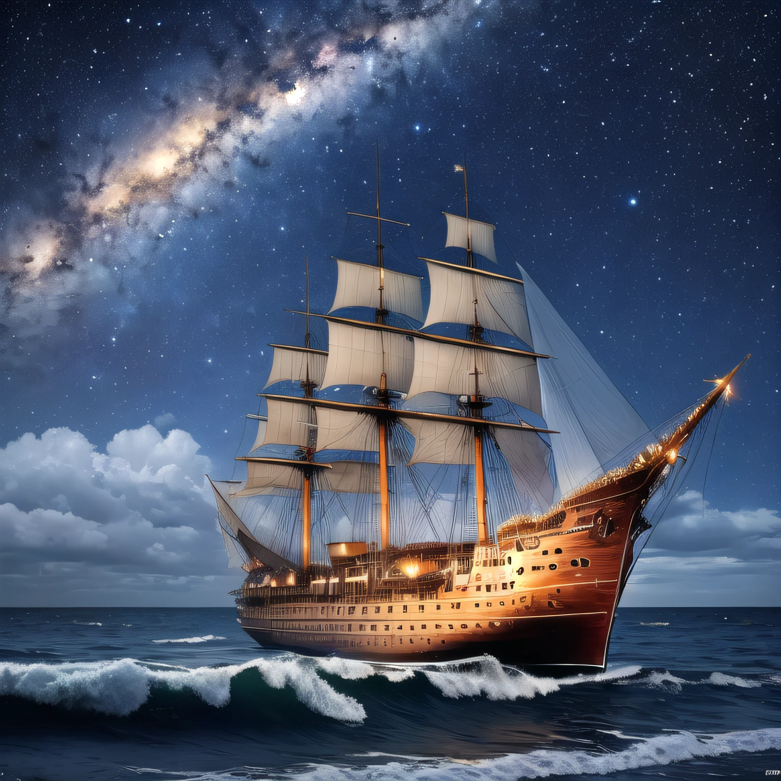 Ghost ship Sea darkened stars in the sky with some clouds --auto