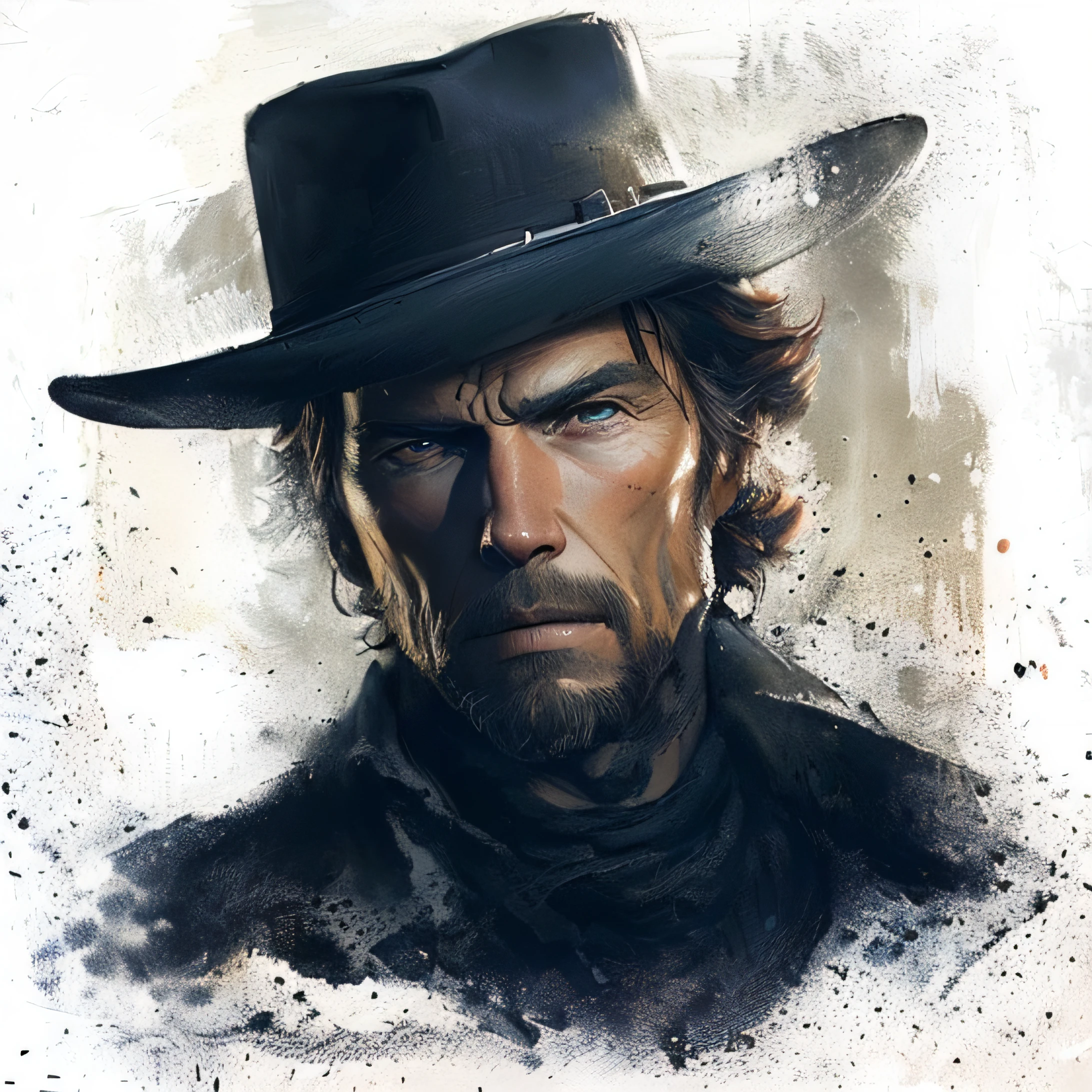 A closeup of a red-haired man wearing a hat and a black shirt, [ Western film ], Red Dead Redemption art style, James Gurney painting style, style of a Clint Eastwood movie, James Gurney style, western film, a portrait of the character, no beard