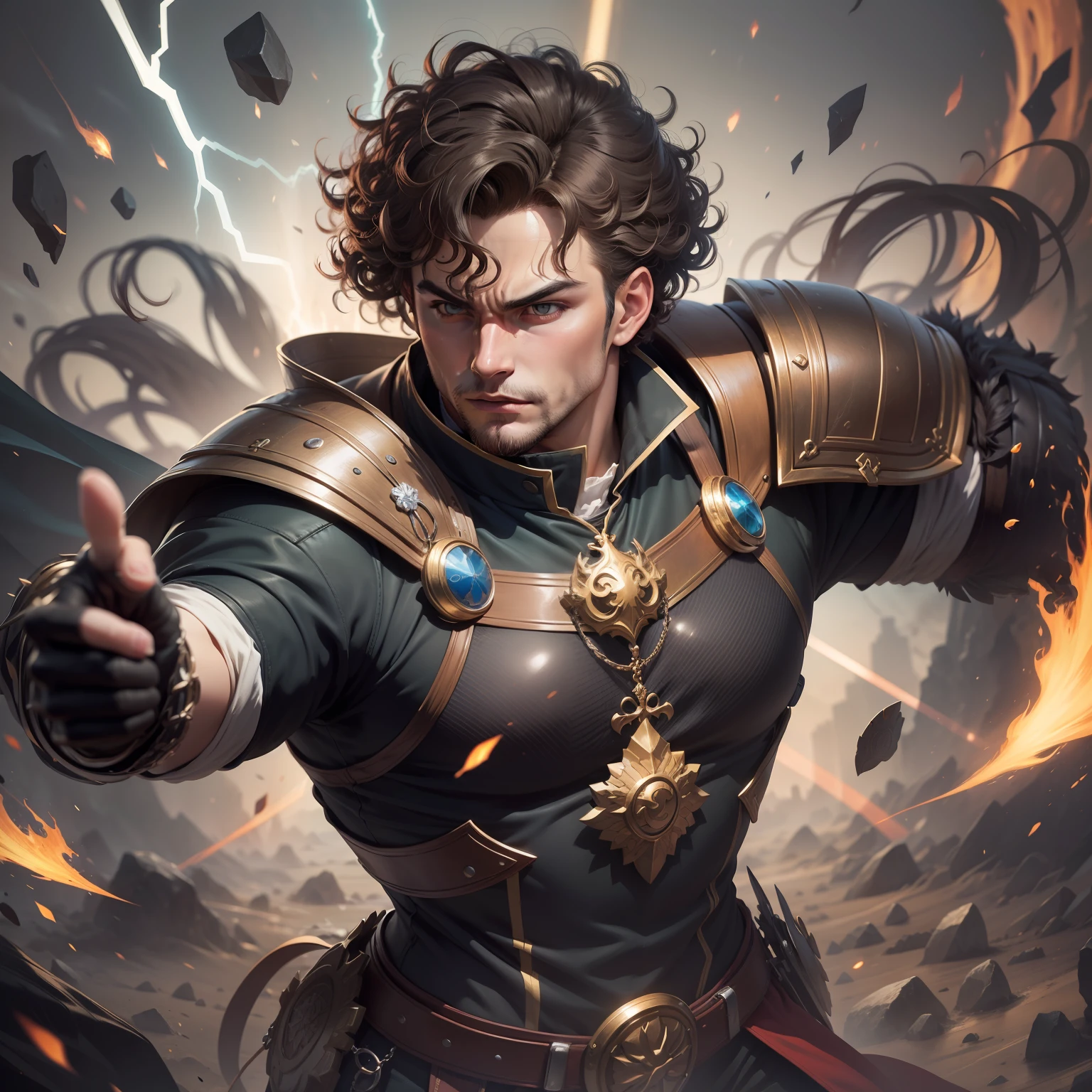 Realistic image of a strong, brunette man, curly hair, dressed in black cleric's costumes with shoulder pads, anime character style art, fighter posture, determined expression, aura of energy around the body