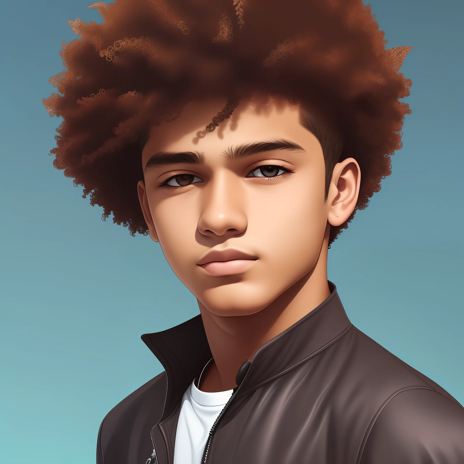 Create an illustration of an 18-year-old brown boy in futuristic clothing, short curly hair --auto