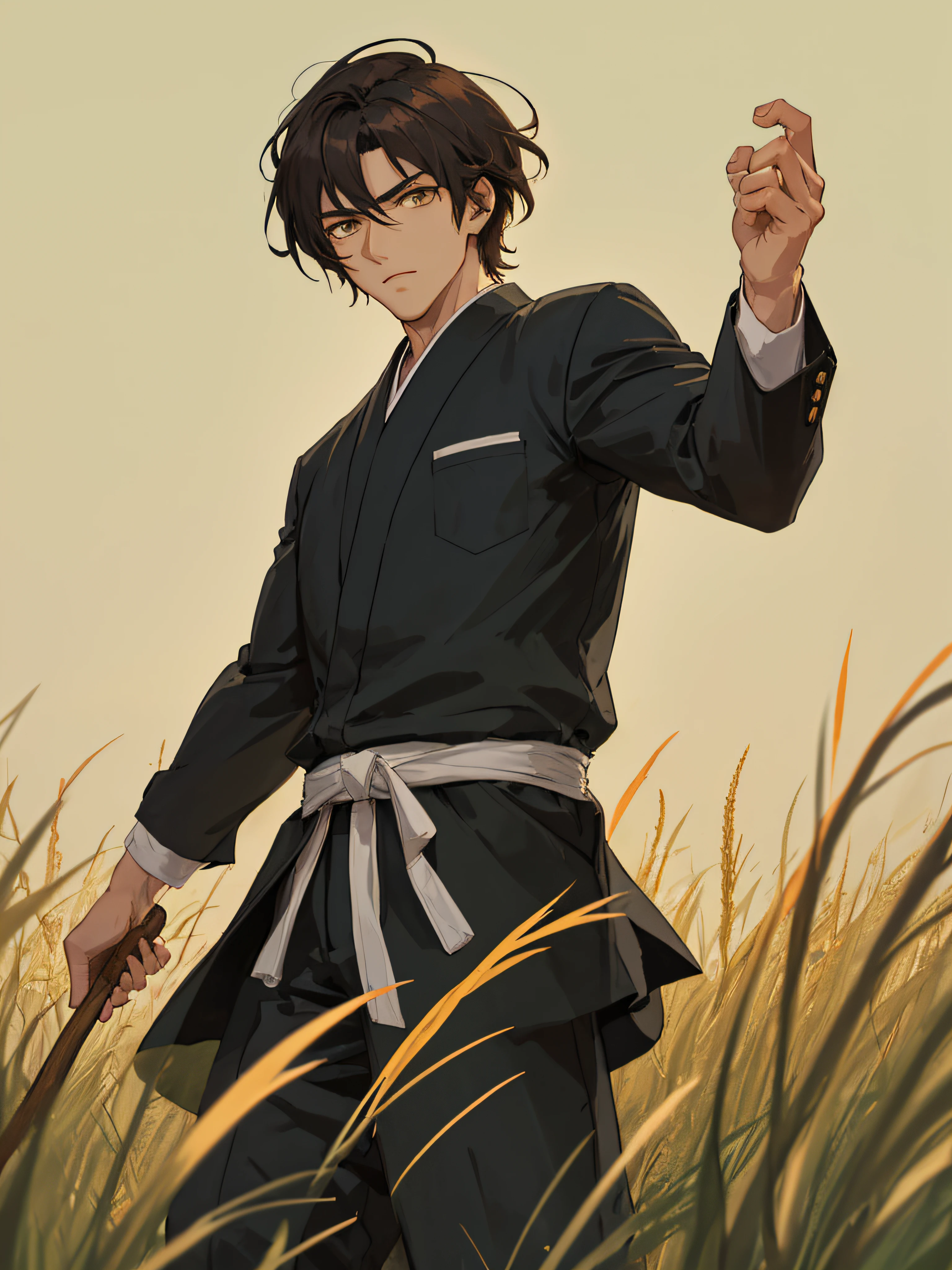 Masterpiece, handsome and dashing male anime characters, best quality, watch audience, brunette hair, outdoor, black clothes, robe, long wooden stick in right hand, trouser pocket in left hand, elegant posture, bright eyes, martial arts image, dead yellow grass background, black, gray theme,