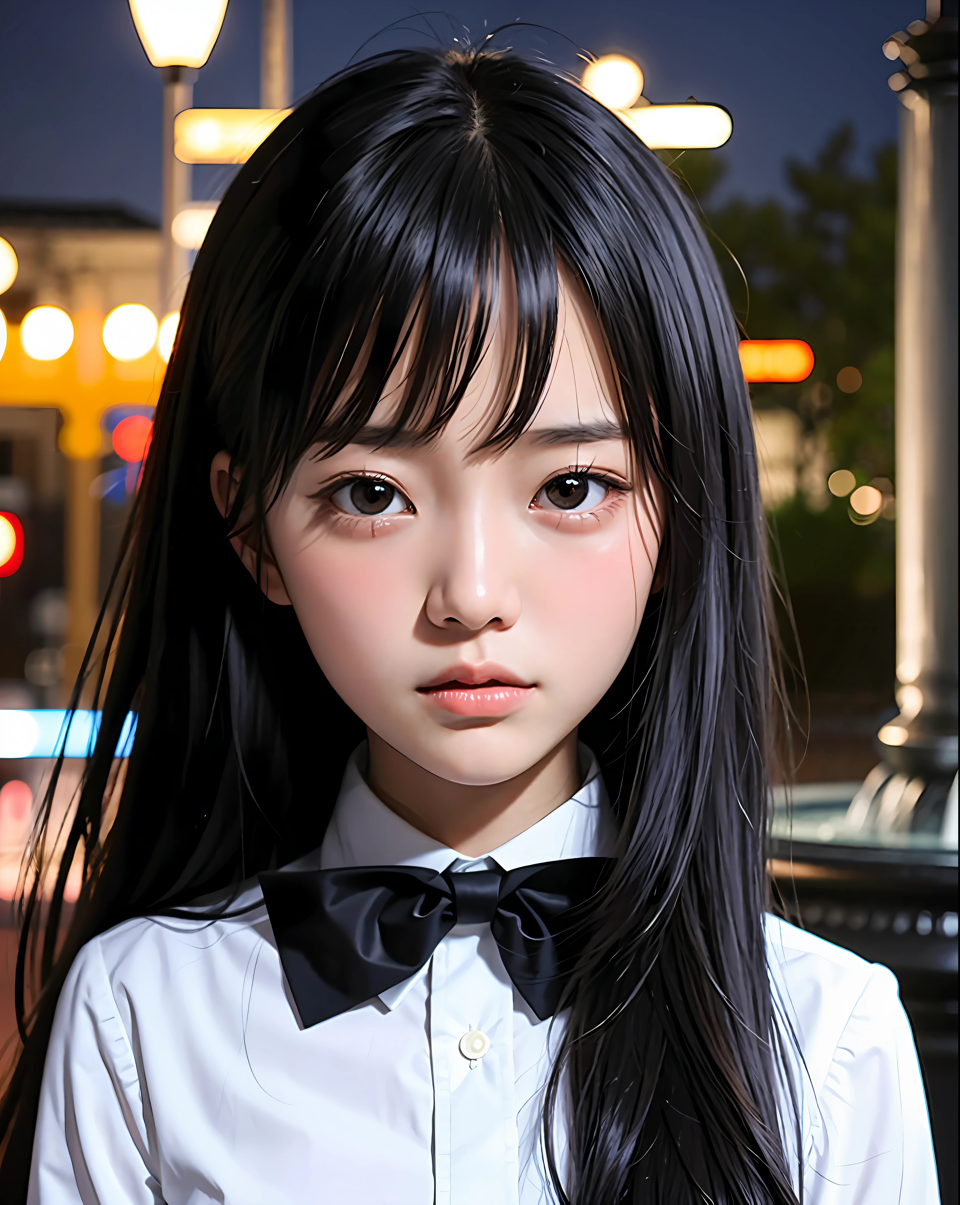 Masterpiece, best picture quality, beautiful girl, , long hair, black hair, bangs, black cat suit, student, white blouse, from waist up, up close, park (night), moonlight, fountain, street lamp, detailed eyes, big eyes, puffy eyes, depressed expression, facing front, realistic photo, real photo, double eyelids, Japanese girl, beautiful Asian girl, crying expression, facing straight on, close up, white blouse with black lines, black bow tie,
