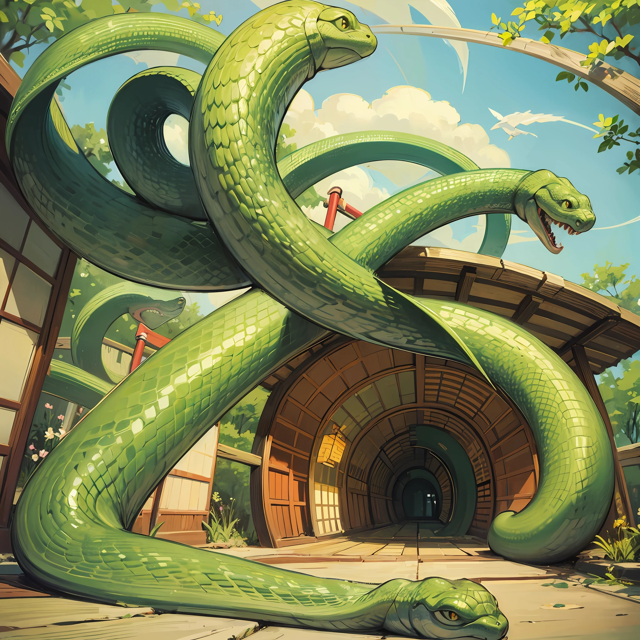 High quality, artwork, giant snake, curled in a mound, Japanese art style, green snake, --auto
