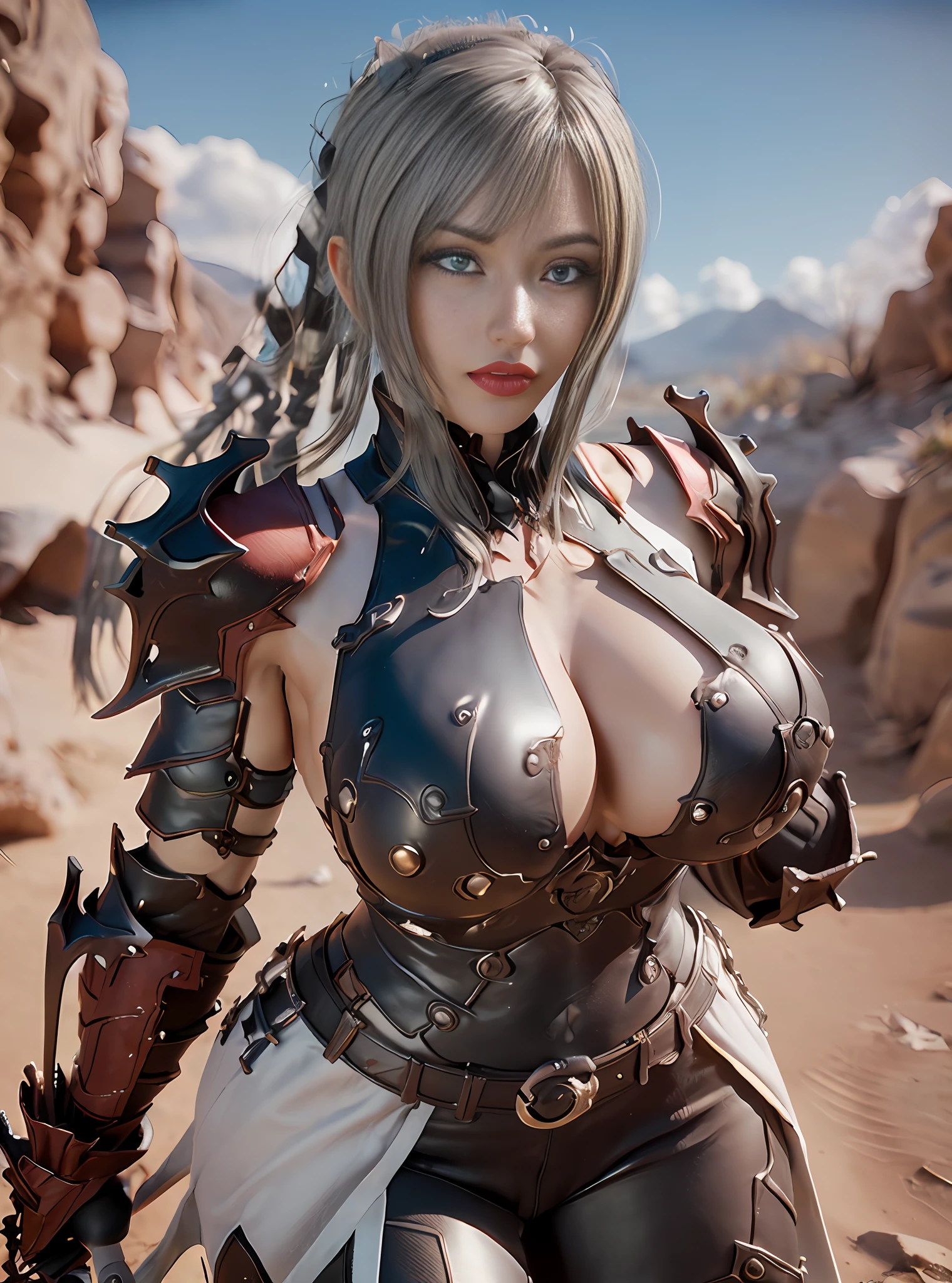 highly detailed, (3D, cycle render, computer graphics:1.5), AraneaHighwind, standing on rock with open eyes, ahegao, serenity, (beautiful sky background:1.1), (desert, hills and sky:1.1), (full body shot:1.15), beautiful face, makeup, top body is hyper realistic thicc muscular and hyper largest_breasts!! with the type of boobs_melons, lower is huge buttocks, grey hair, lipstick, makeup, black eyeshadow, eyelashes, (ultra detail hair:1.1), ultra realistic hair, ultra detail face, green eyes, (perfect eyes, perfect face:2), black Armor, breastplate, (greaves:1.2), pants, gauntlets, shoulder armor, pauldrons, white dress, armored dress, (Large Breasts:2), cleavage, (high quality:2)