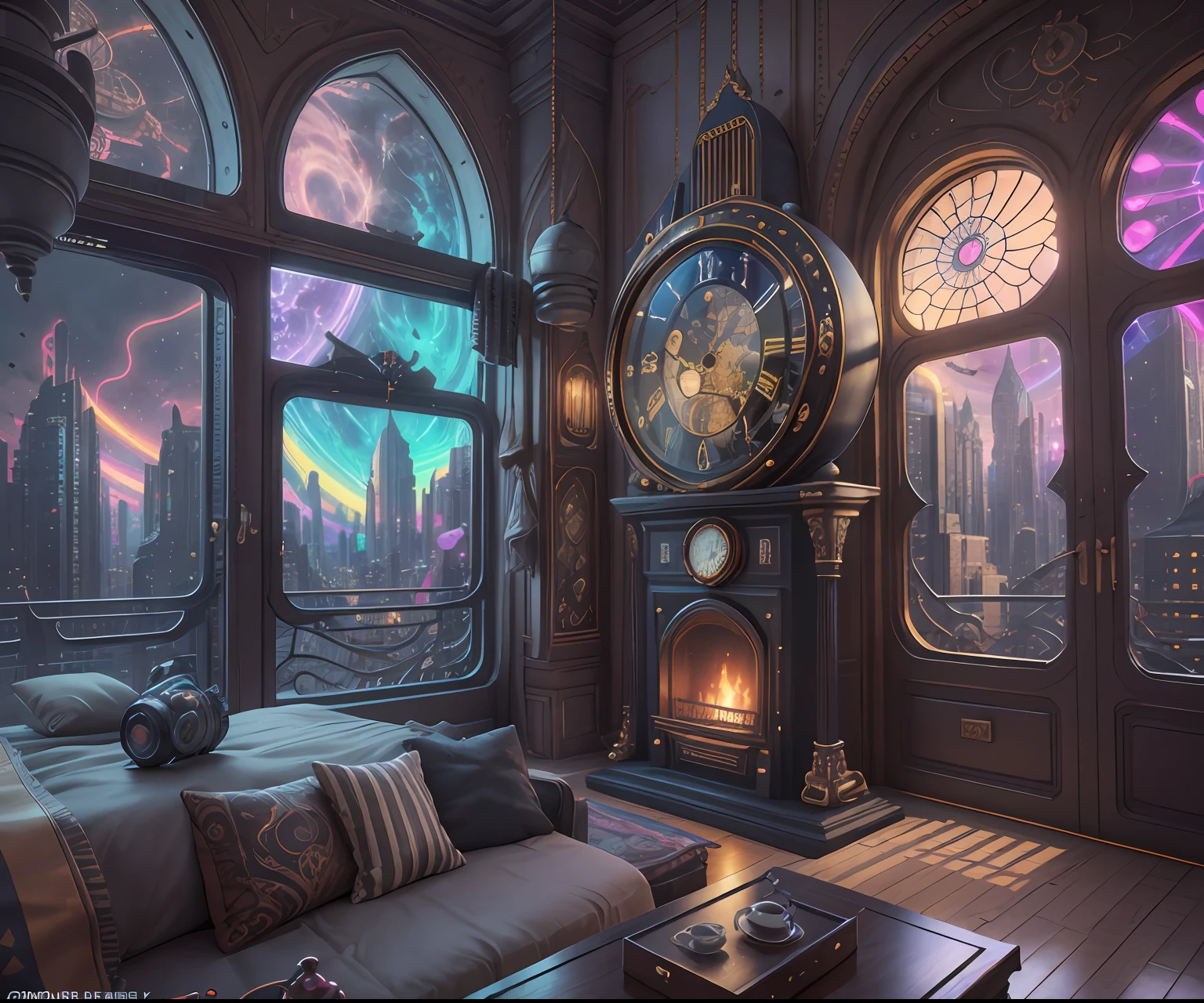 There is an ornate bedroom in the style of Versailles with a big historical window. Through the window is a hyperrealistic cyberpunk dreamscape cityscape. The cityscape is extremely detailed and rainbow, with many lights and colors and buildings of many different sizes. The cityscape has rainbow colors and has flying steampunk dirigibles. A giant steampunk grandfather standalone clock can be seen ((through the window)). The entire artwork is very realistic with many small details and enhancements. 3D render beeple, artstation and beeple highly, in fantasy sci-fi city, inspired by beeple, 8k, unreal engine unity CGI. Masterpiece and popular.