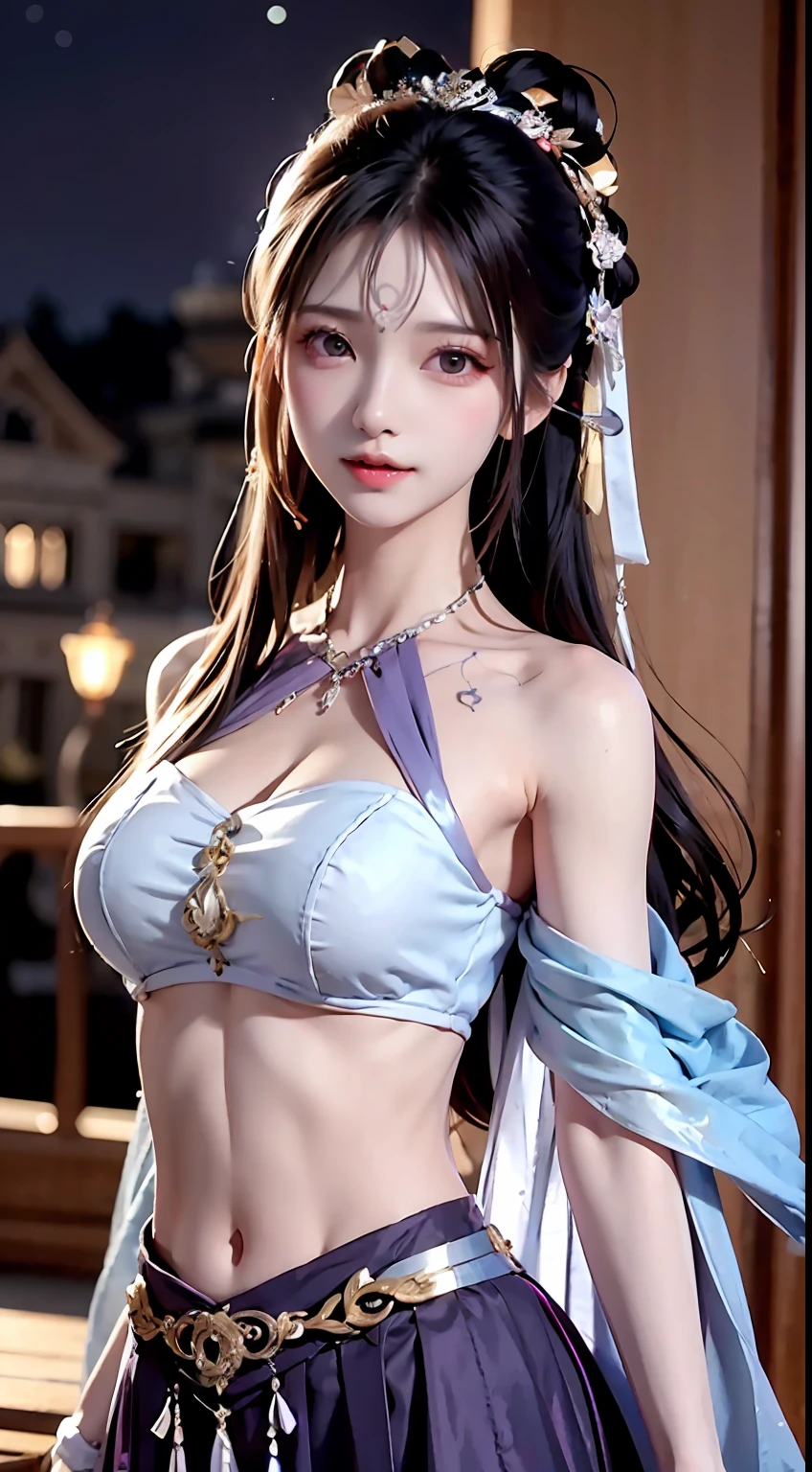 bust photo, beautiful woman, messy hair, smile, gentle smile, girly, symmetrical bread, hair accessories, jewelry, delicate face, eyeshadow, purple top, purple, purple, crop navel, purple long skirt, Dunhuang style, delicate embroidery, silver decoration, silver streamer, white streamer, light blue streamer, delicate skin, soft light light effect, delicate and smooth hair, Delicate details, eye highlights, fair skin, fine depiction, extreme details, movie quality, thin, thin, thin, broken, hair details, thin bangs, shawl hair, right body, shadow, air bangs, 8K, ultra-fine, fine fabric texture, soft, smooth, smooth texture, Dunhuang style, delicate pattern, correct hand drawing, anatomy correct, accurate, night, dark night, lighting, tyndall effect, ray tracing, HUD,