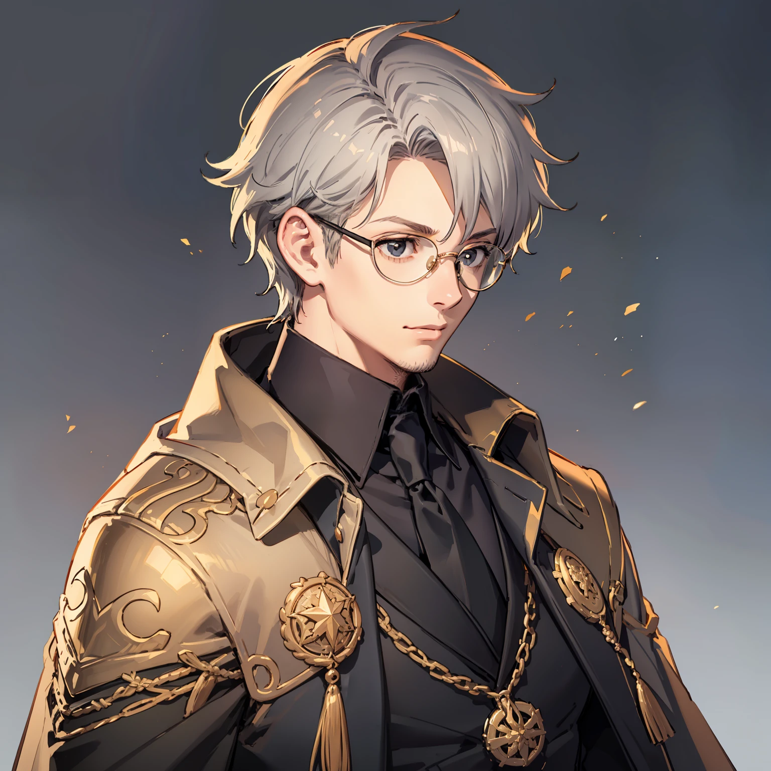 a man with short grey hair and gold-rimmed glasses. Wears a black cloak with a white button-up shirt and a tie underneath.
