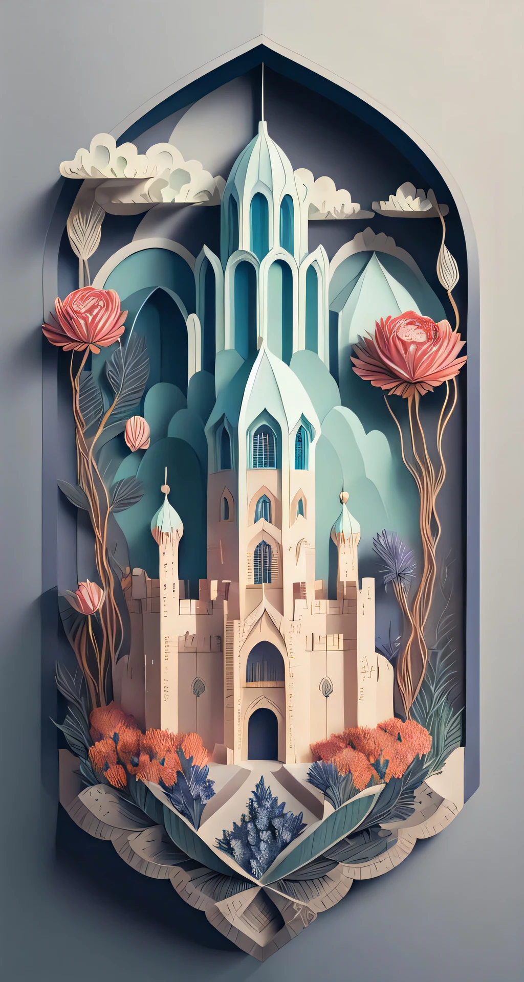 realistic, (best quality, masterpiece:1.3),
isometric, flowers castle, blue rose, grey background, papercarvingcd-000004