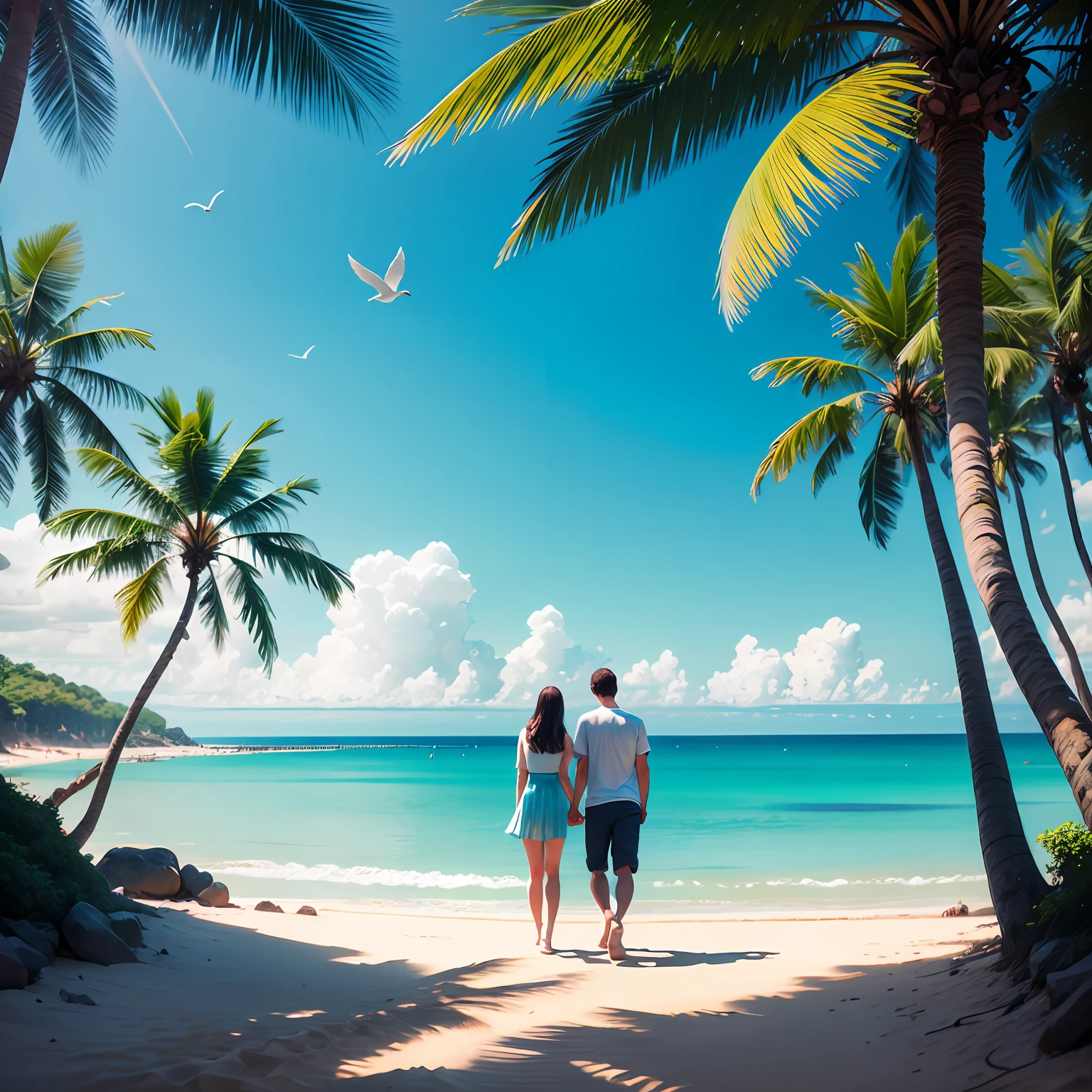 Magnificent beach, transparent waters with light bluish tone, a couple holding hands, clear sand, blue background, colorful trees and birds, some bathers on the beach --auto