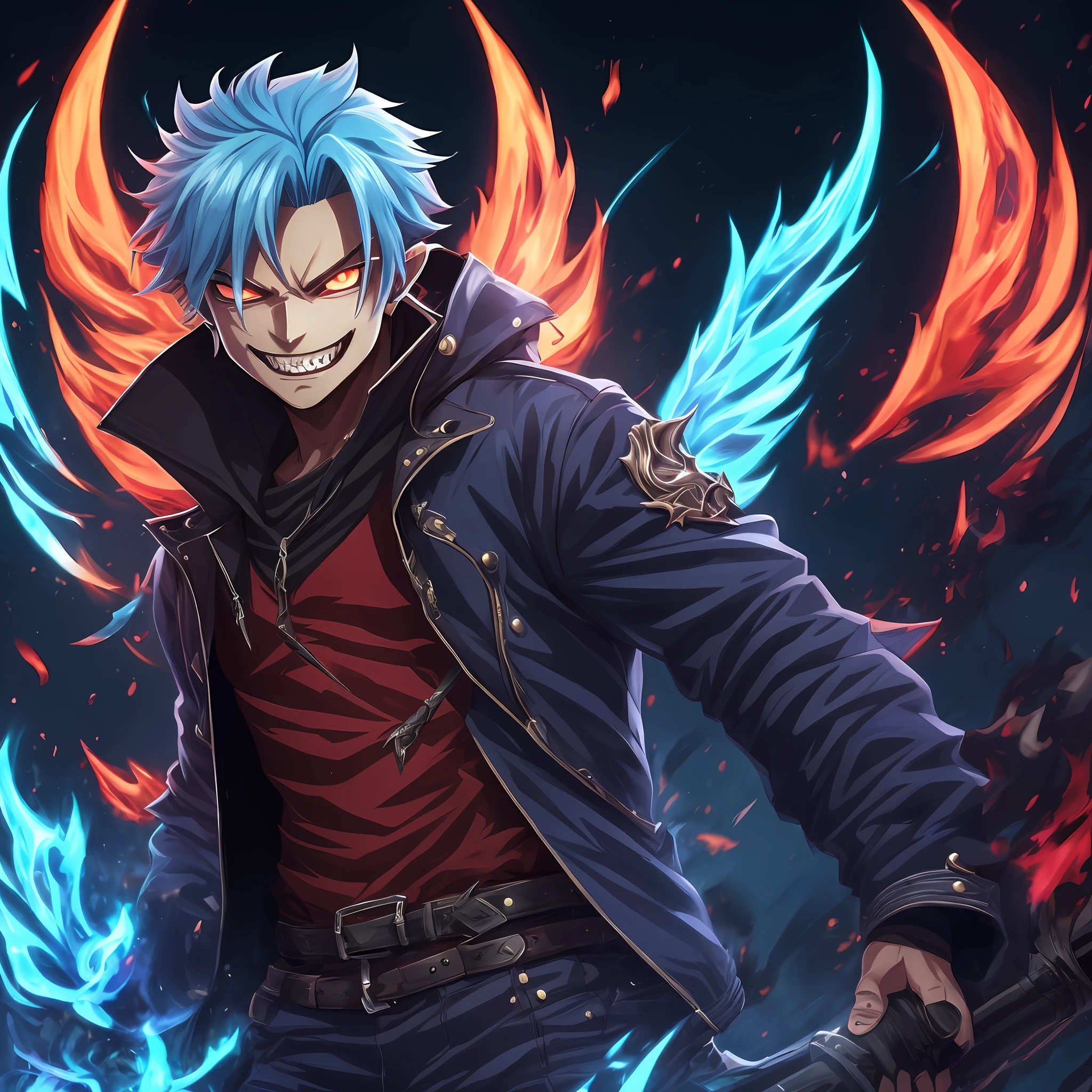 Demon Boy, 2D, Great Quality, Detailed Blue Flames, Pointy Teeth, Evil Smile, Jacket, Wing, Horn, Anime --auto