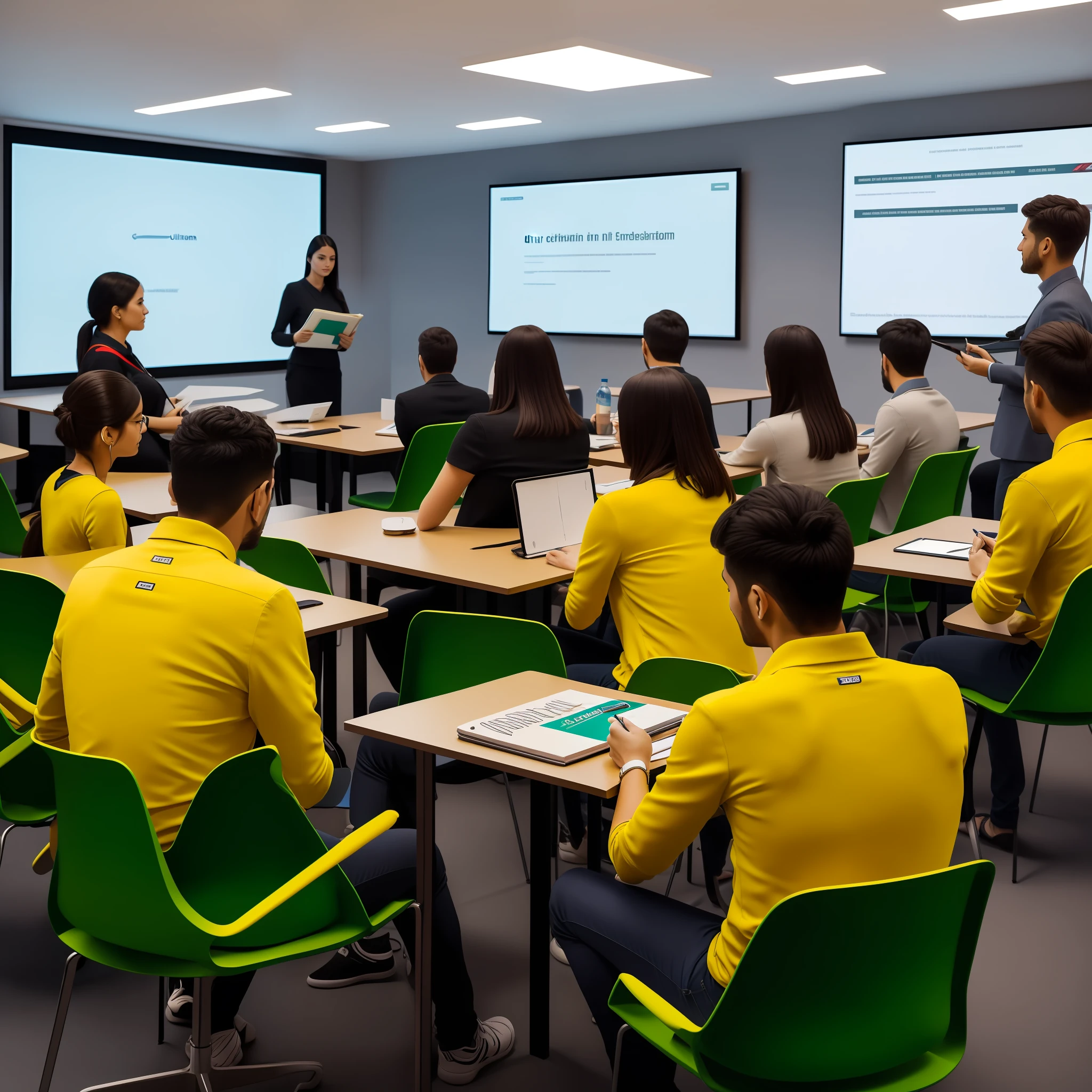 Meeting room with some people standing and sitting with their backs to the camera, holding pens, clipboards and books, all wearing yellow green, place with few chairs and tables and well lit, RAW photo, ((((ultra detailed))), (high quality), realistic, 8k, ultra resolution