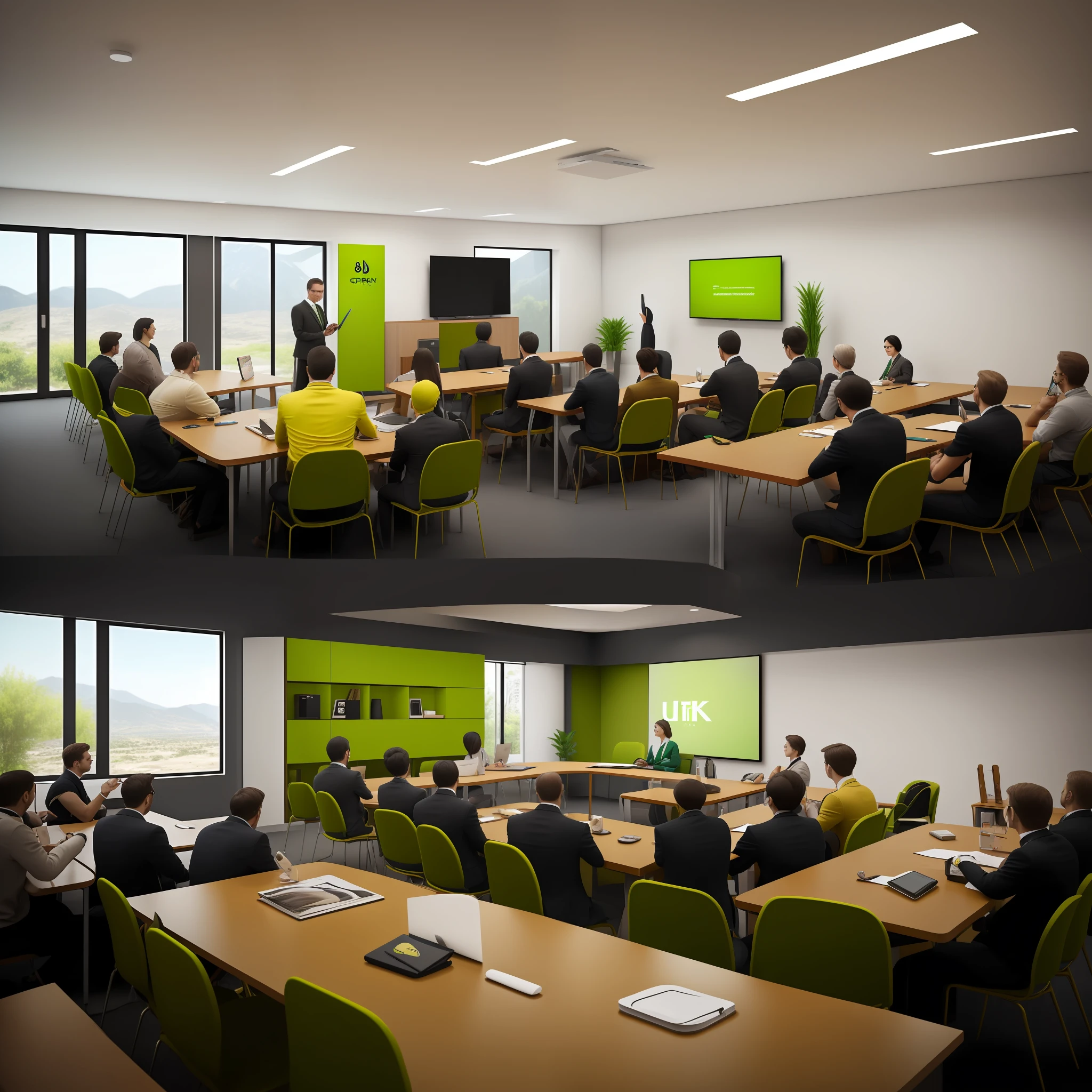 Meeting room with some people standing and sitting with their backs to the camera, holding pens, clipboards and books, all wearing yellow green, place with few chairs and tables and well lit, RAW photo, ((((ultra detailed))), (high quality), realistic, 8k, ultra resolution