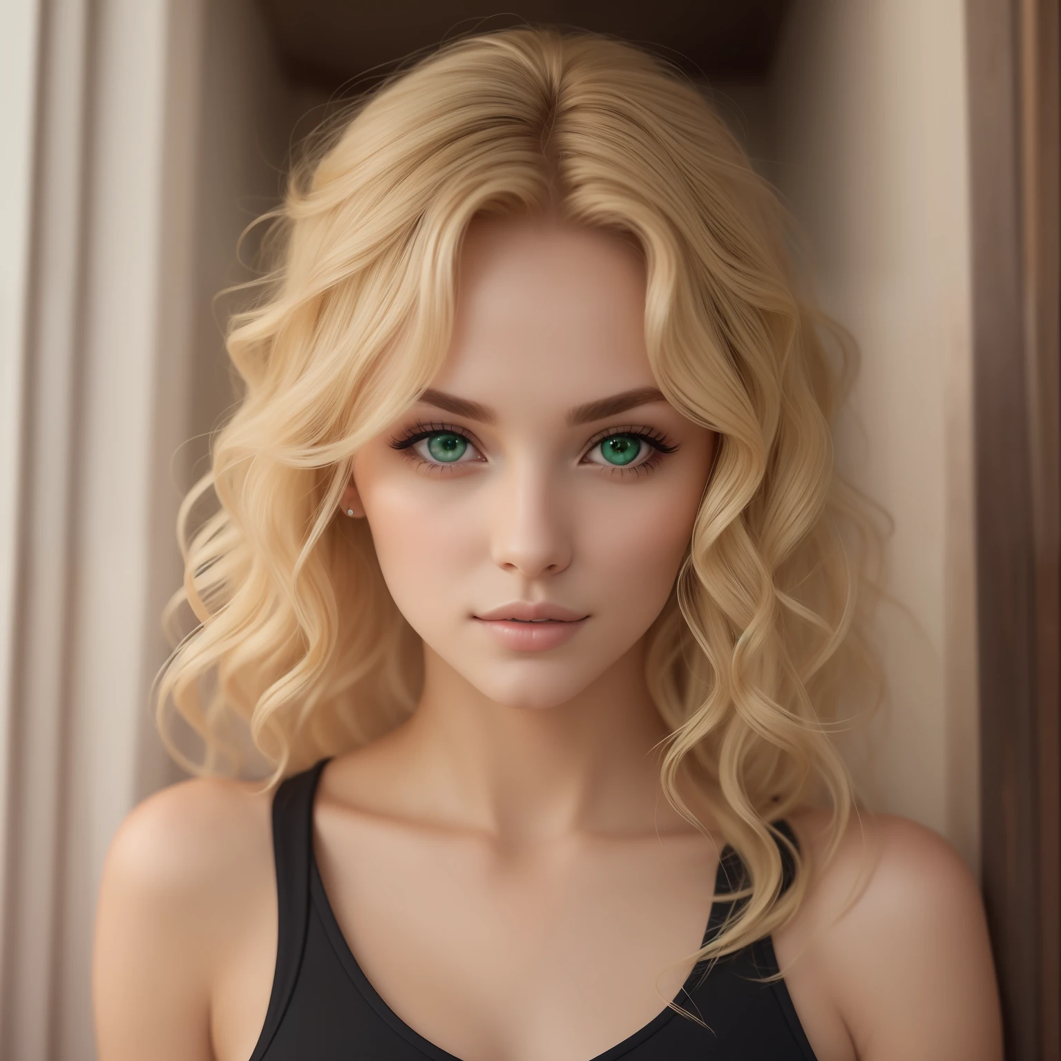 Extremely beautiful blonde woman, green eyes, slightly curly hair.