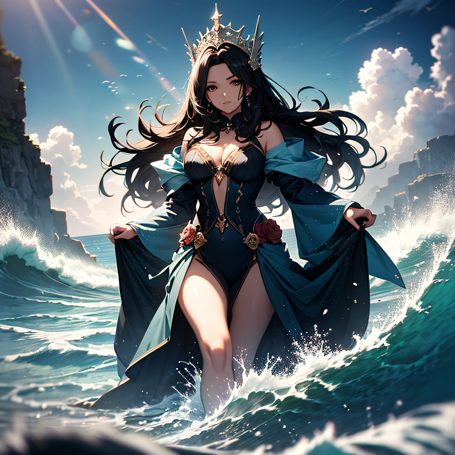 Queen of the sea, a beautiful woman with long black hair, dressed in the blue of the sea walking on the water leaving roses among the waves, cinematic, fine details, 8k, dark shot, soft volumetric lights, backlit, intricate details, hdr, ray tracing, fantasy