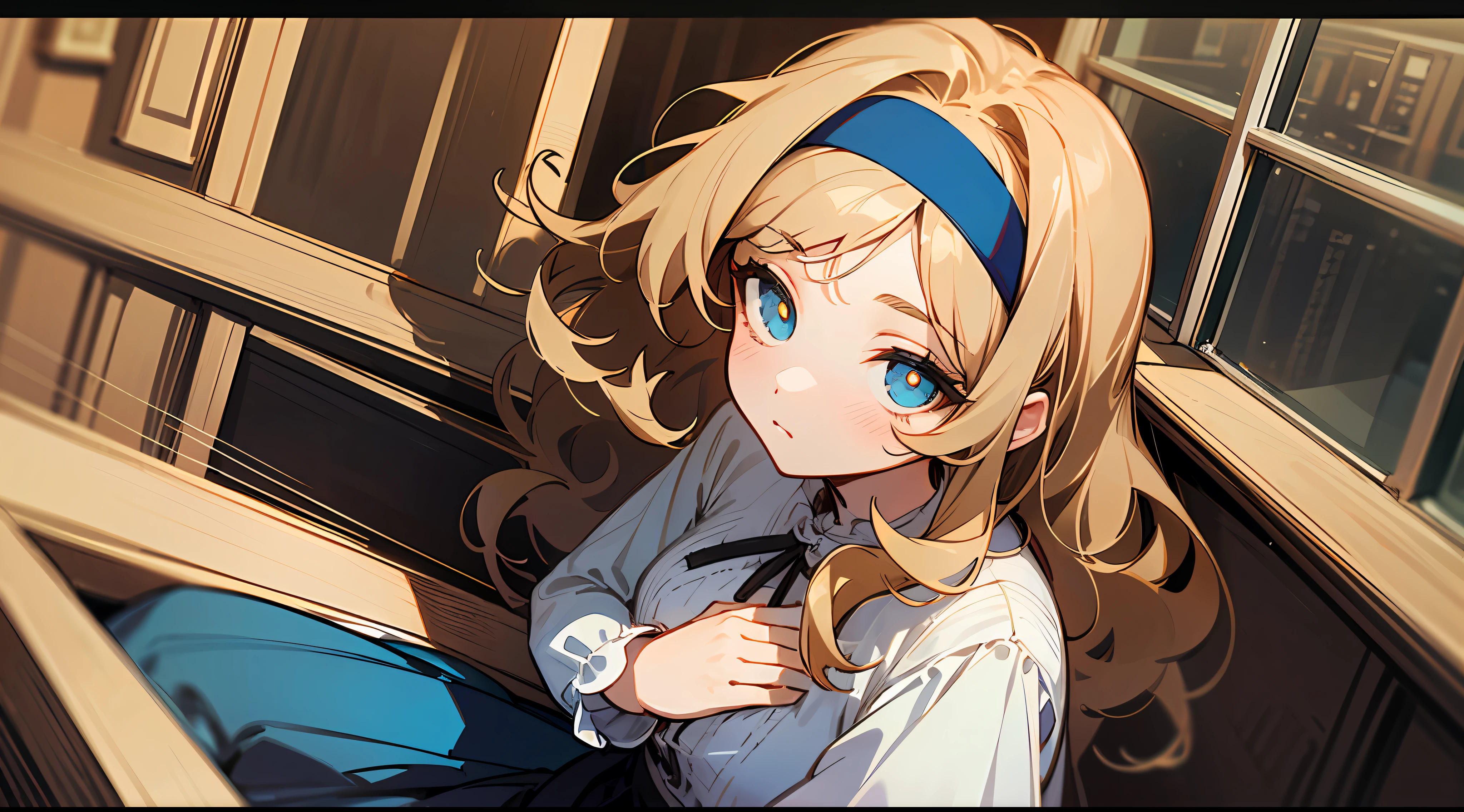 Detailed illustration, detailed illustration, masterpiece, solo, ((drawn with very thin lines)), young beauty, white oversized blouse, ((blouse gathered on the chest)), ruddy cheeks, long brown hair, curly hair inside, whole body, expressionless, drawn eyes, eyes wide open, pupil open, dark blue eyes, black flared skirt, yellow wide headband, by the window of the office, sitting at the desk, gaze, Mid-rise building street outside the window,